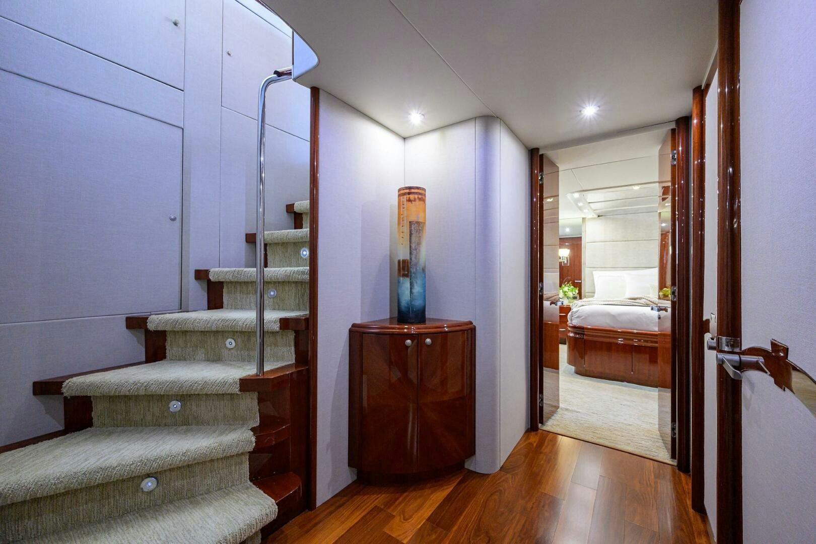 a staircase leading to a bedroom aboard ALWAYS BAREFOOT Yacht for Sale