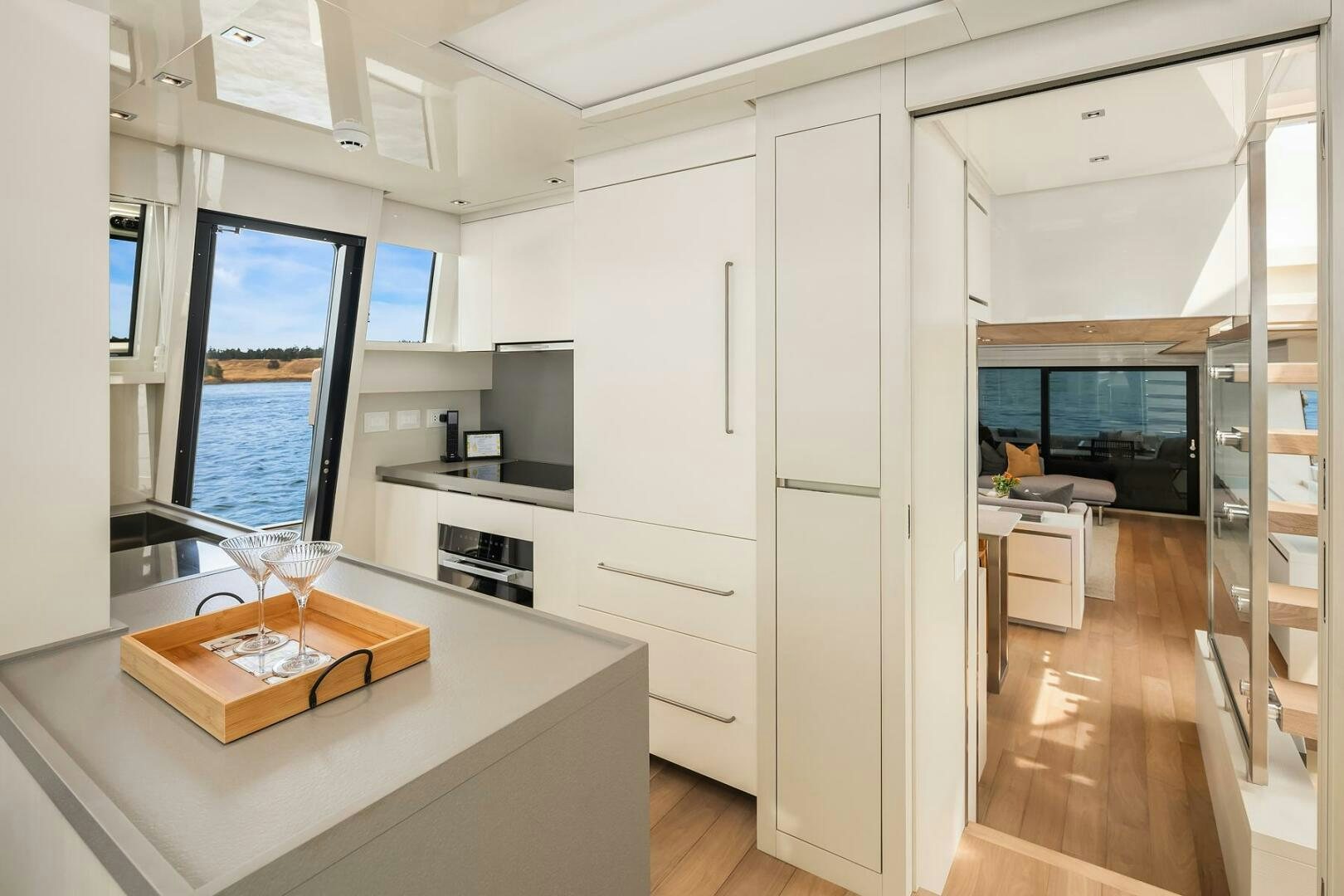 a kitchen with a large window aboard SANLORENZO SL86 Yacht for Sale