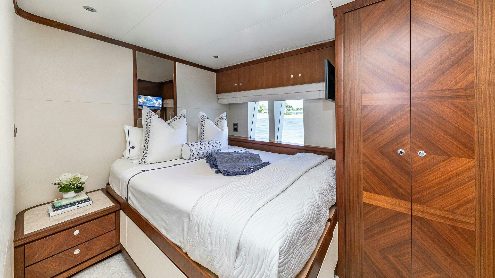a couple of beds in a room aboard NOW WE KNOW Yacht for Sale