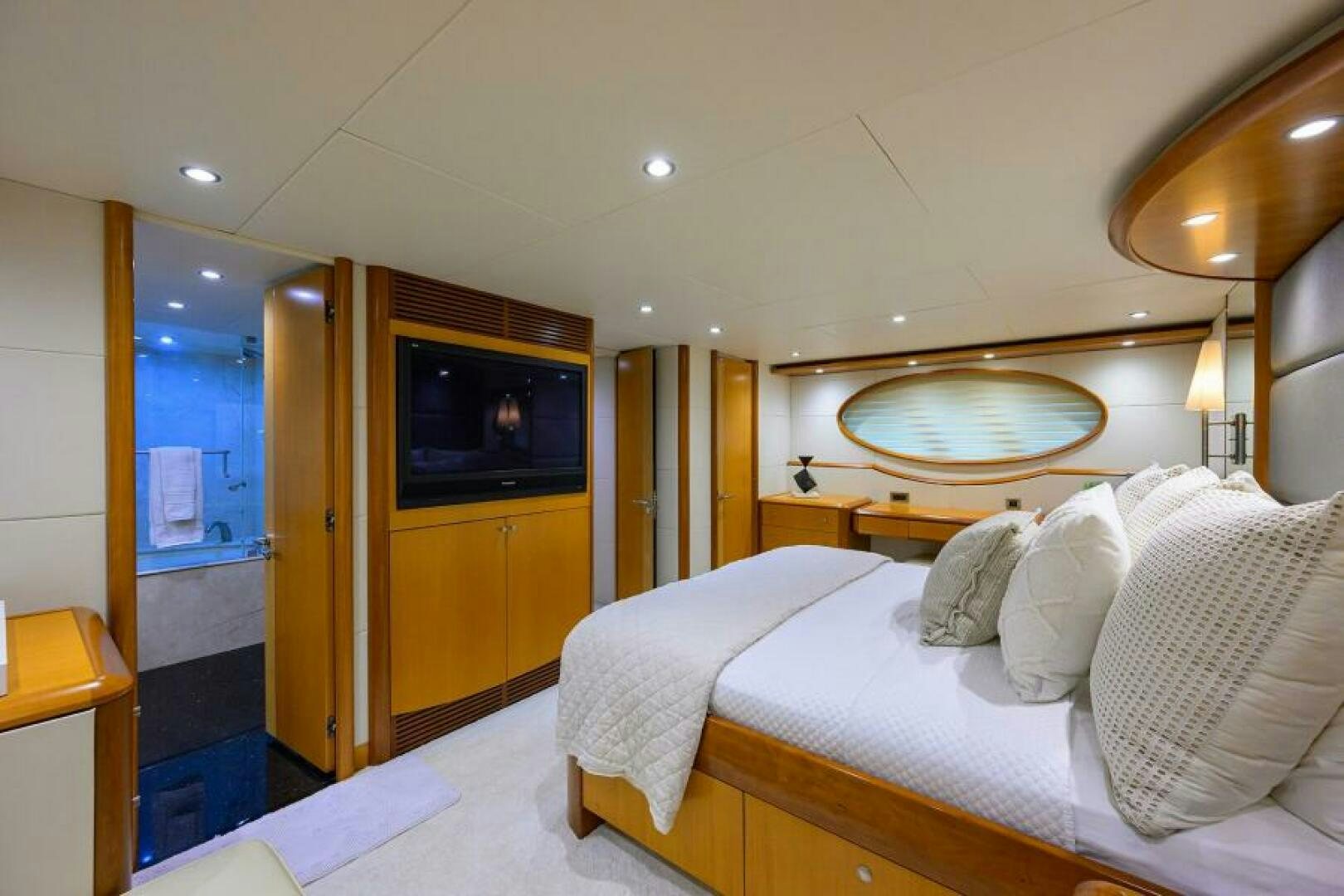 a hotel room with two beds aboard LIVING THE DREAM Yacht for Sale