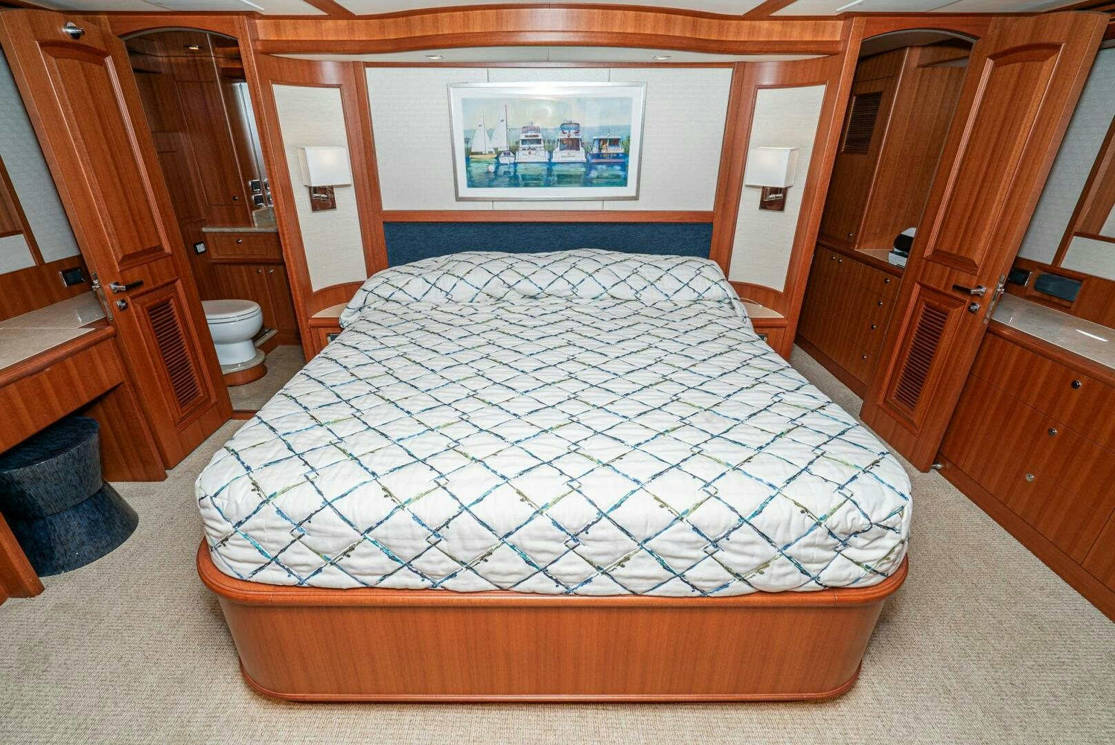 a bed in a room aboard KING OF NOTHING Yacht for Sale