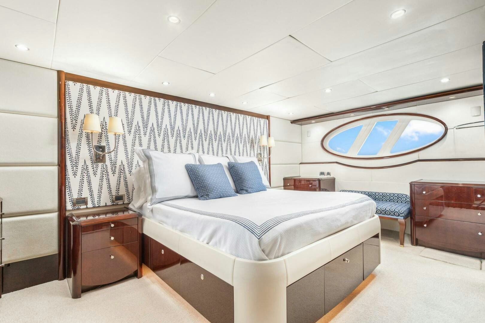 a bed in a room aboard HIGH LIFE Yacht for Sale