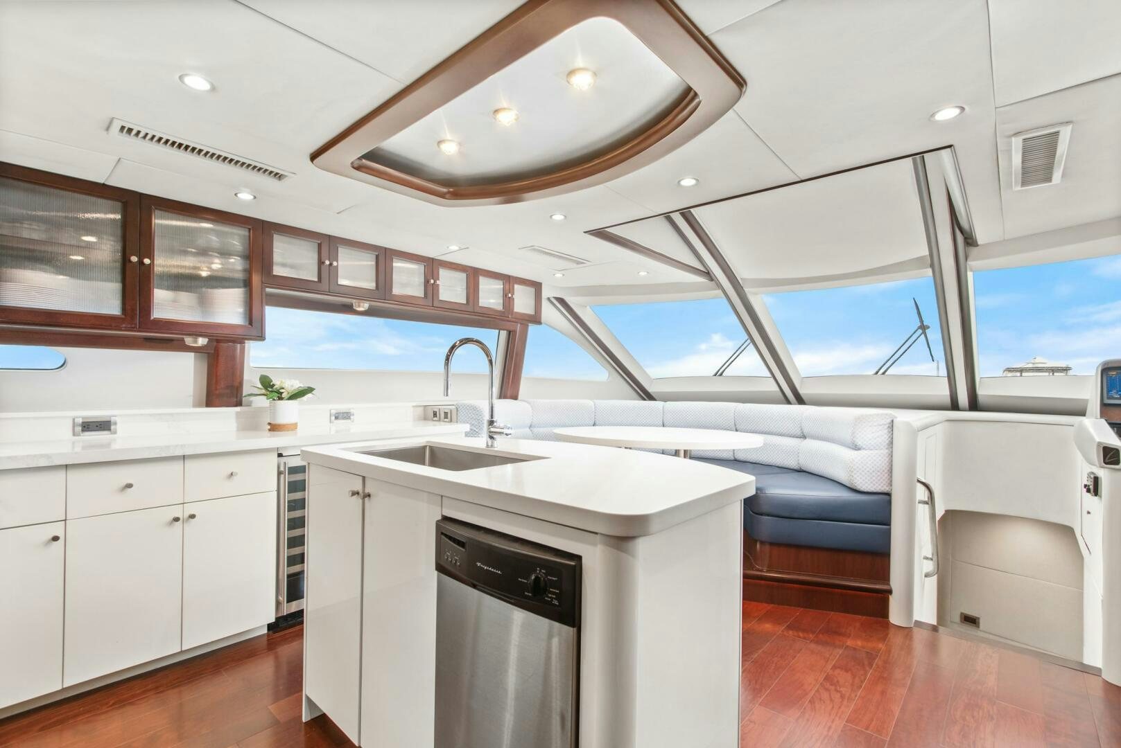 a kitchen with a large window aboard HIGH LIFE Yacht for Sale