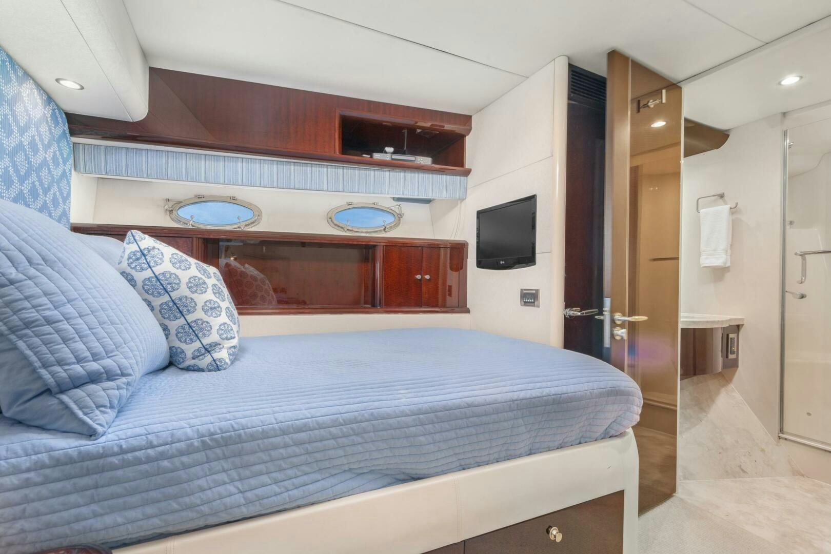 a bed in a room aboard HIGH LIFE Yacht for Sale