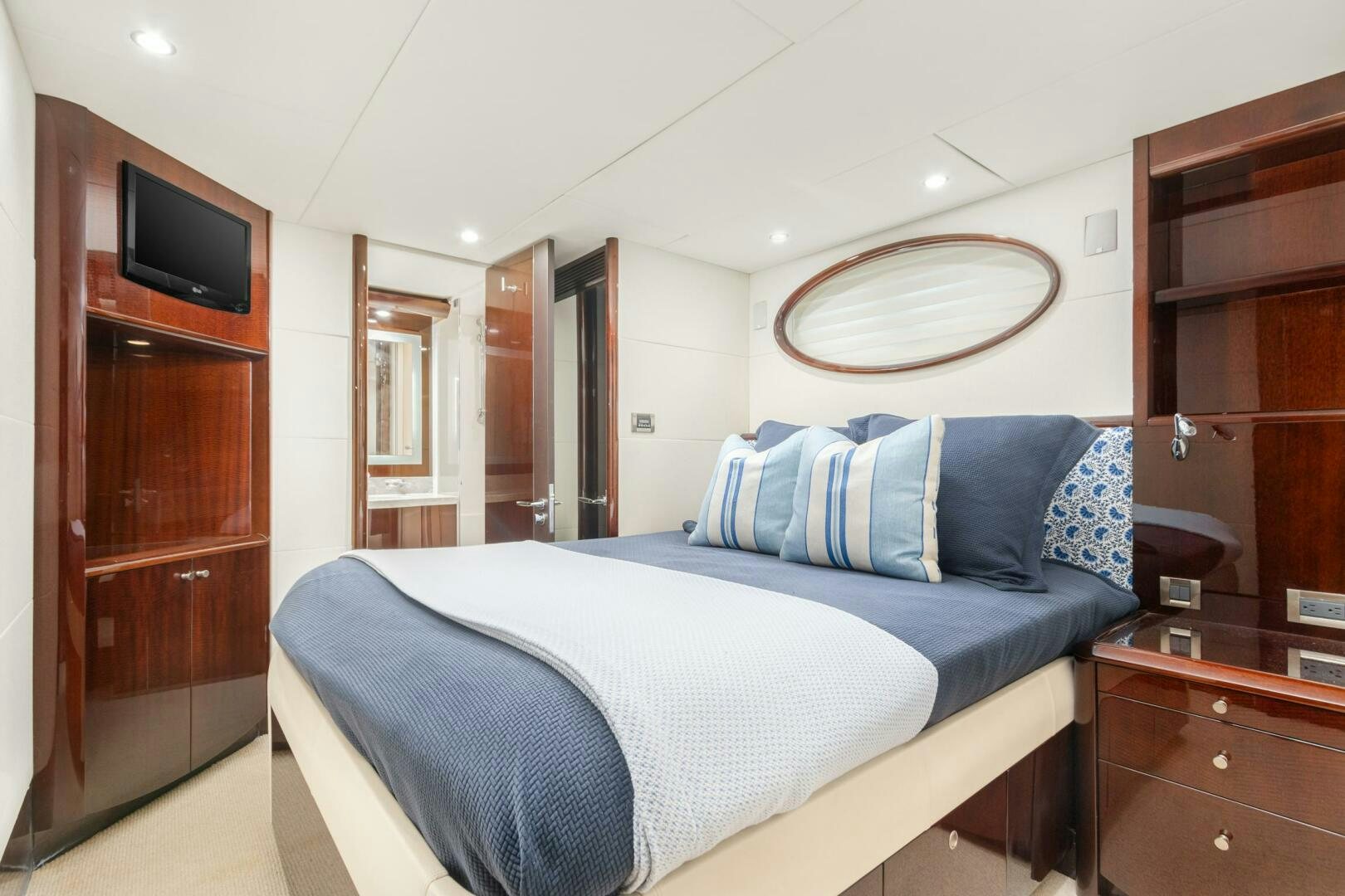 a bed in a room aboard HIGH LIFE Yacht for Sale