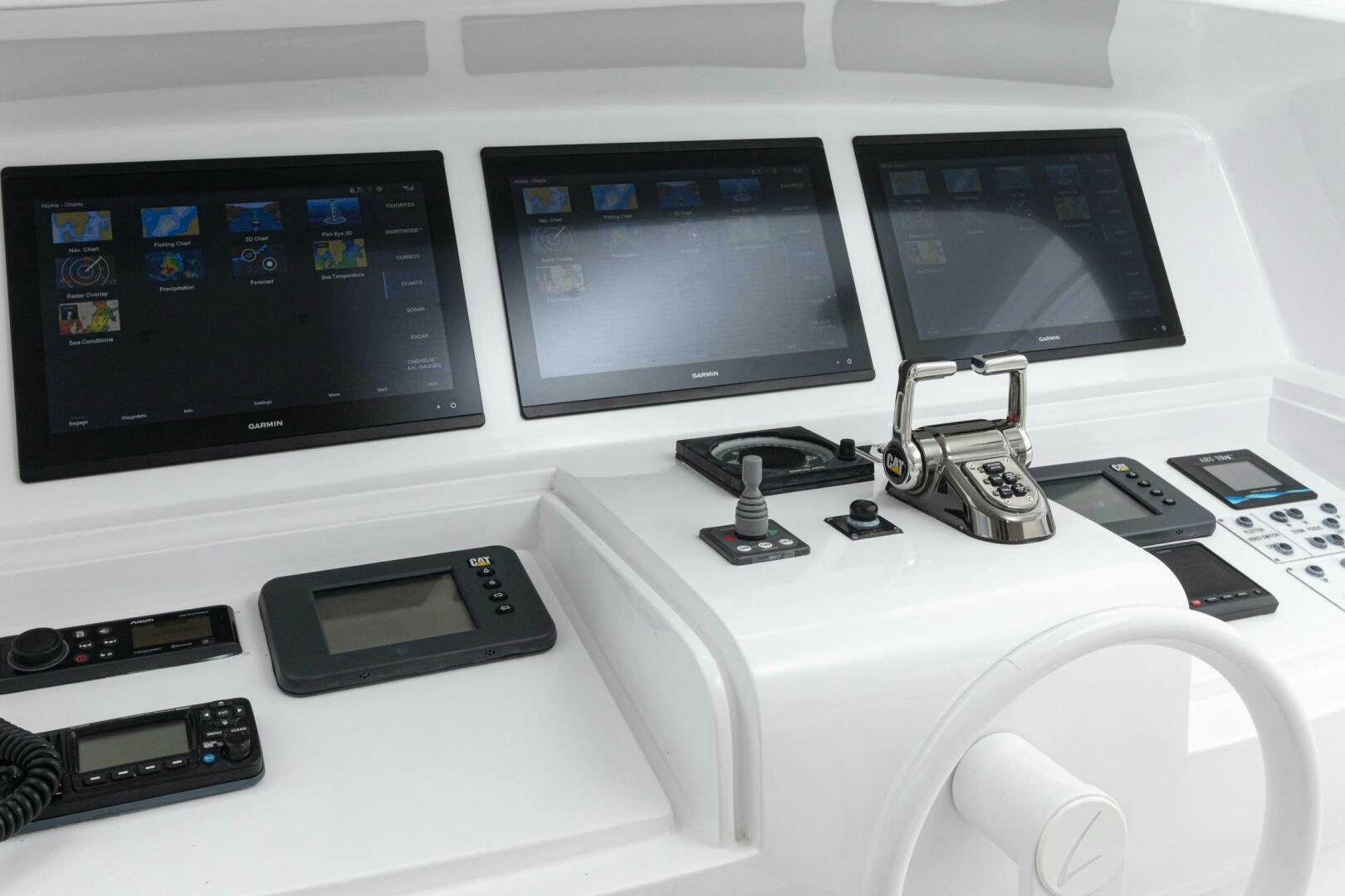 a white desk with a computer and a couple of monitors aboard HIGH LIFE Yacht for Sale