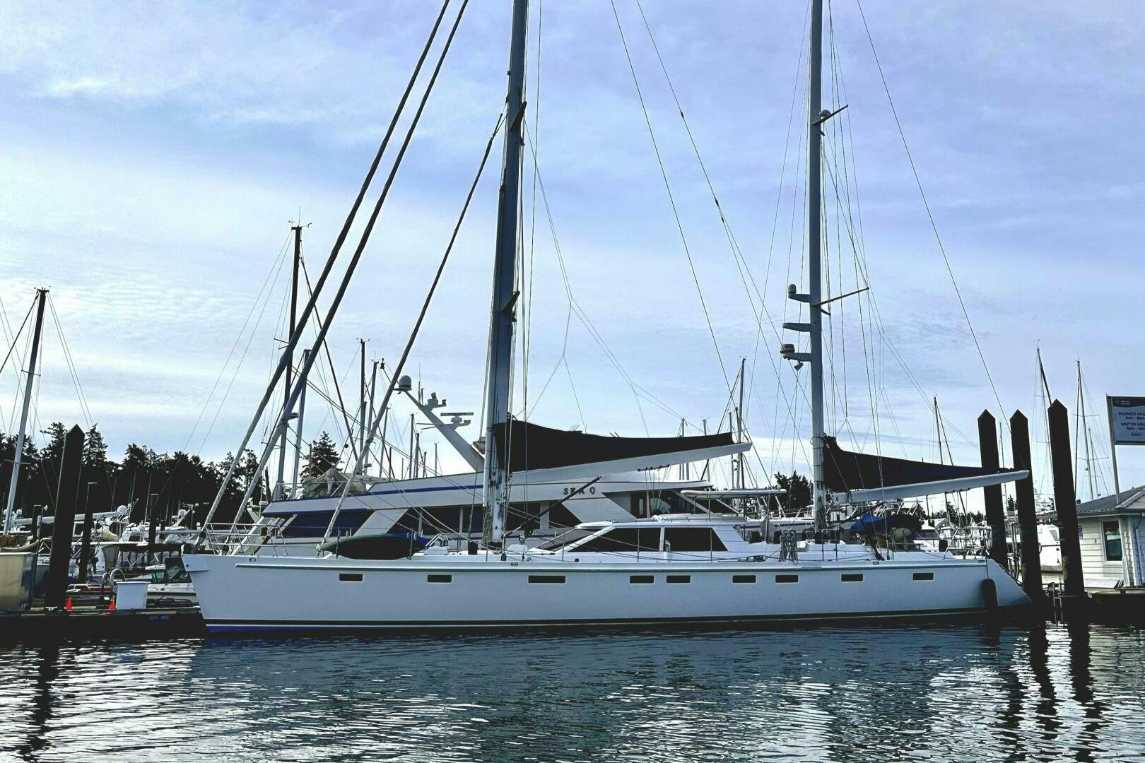 a boat docked at a pier aboard LEONORE Yacht for Sale