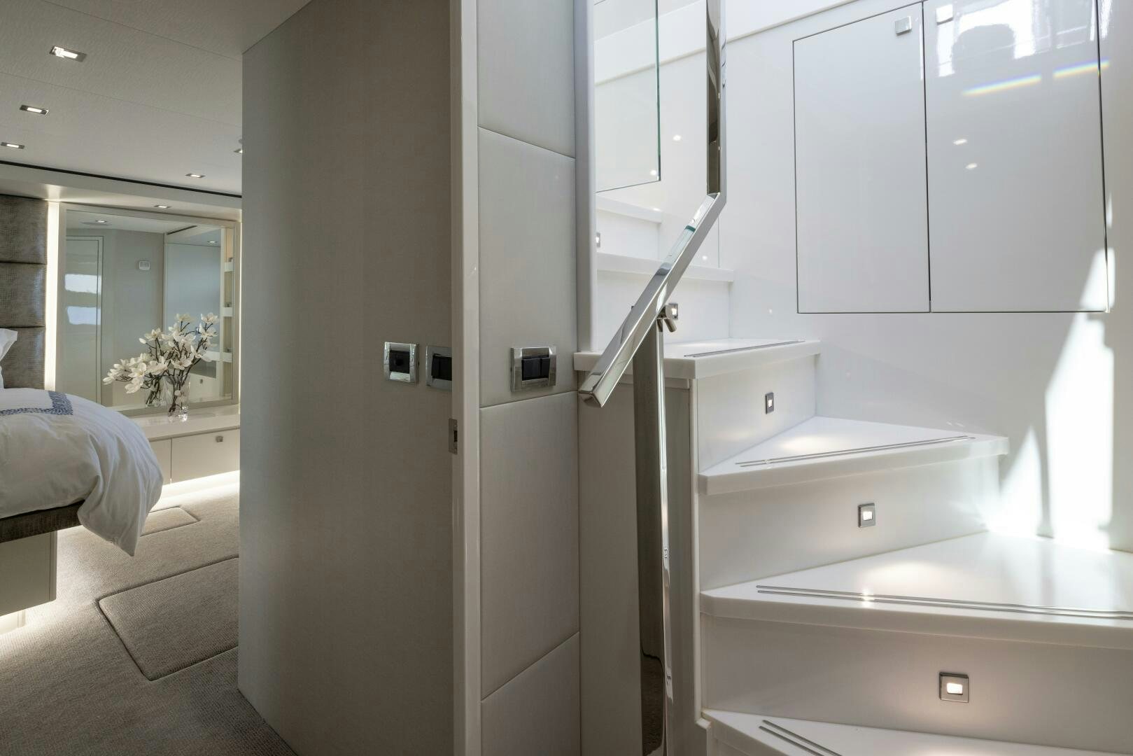 a bathroom with a glass door aboard IMAGINE Yacht for Sale