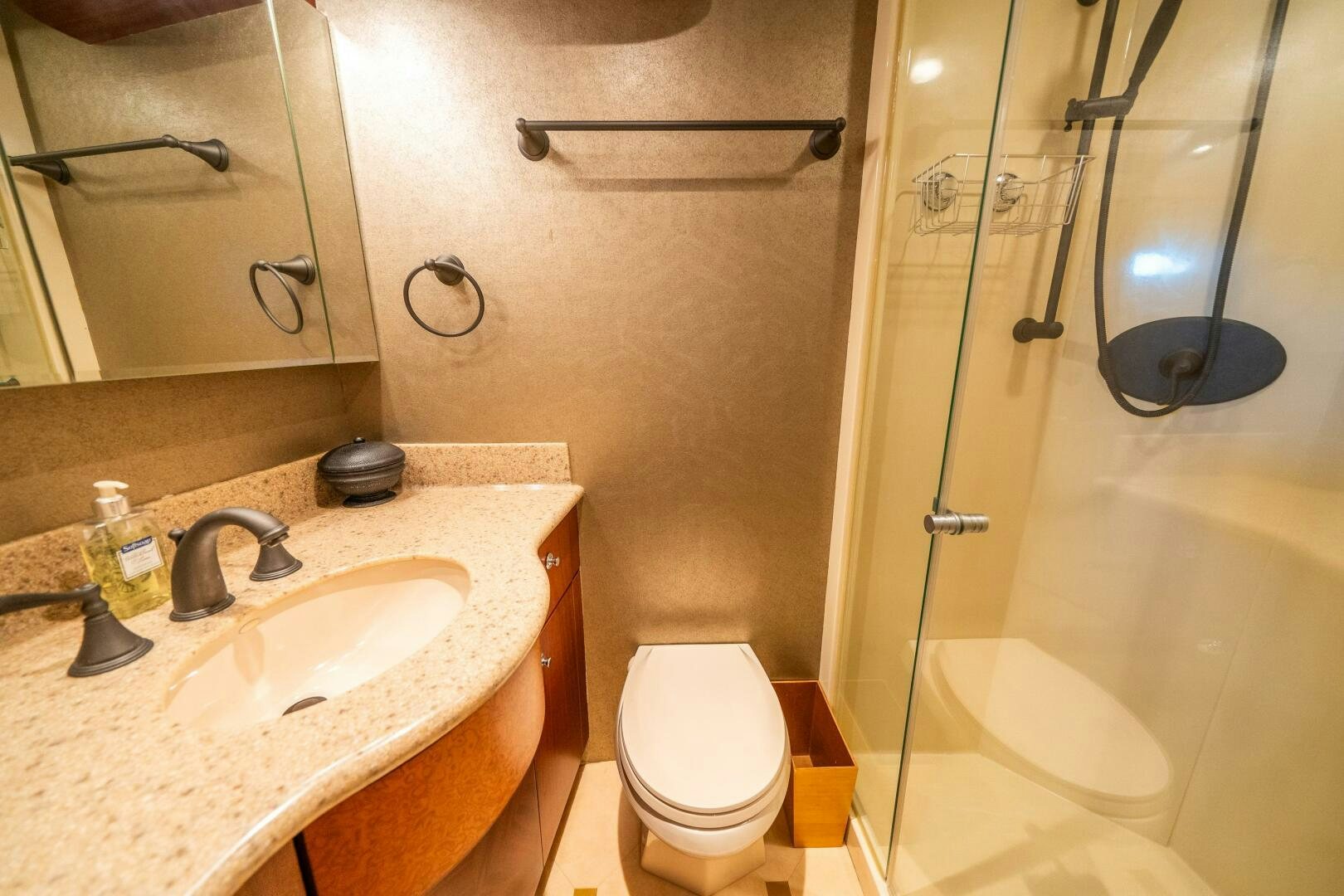 a bathroom with a shower and toilet aboard E Yacht for Sale