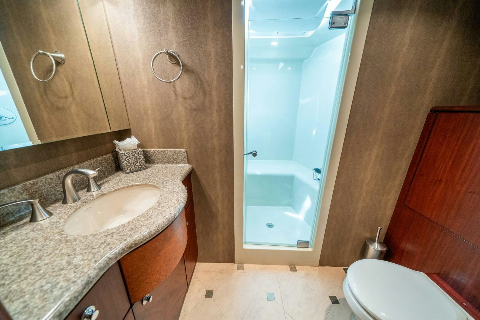 a bathroom with a sink and a shower aboard E Yacht for Sale