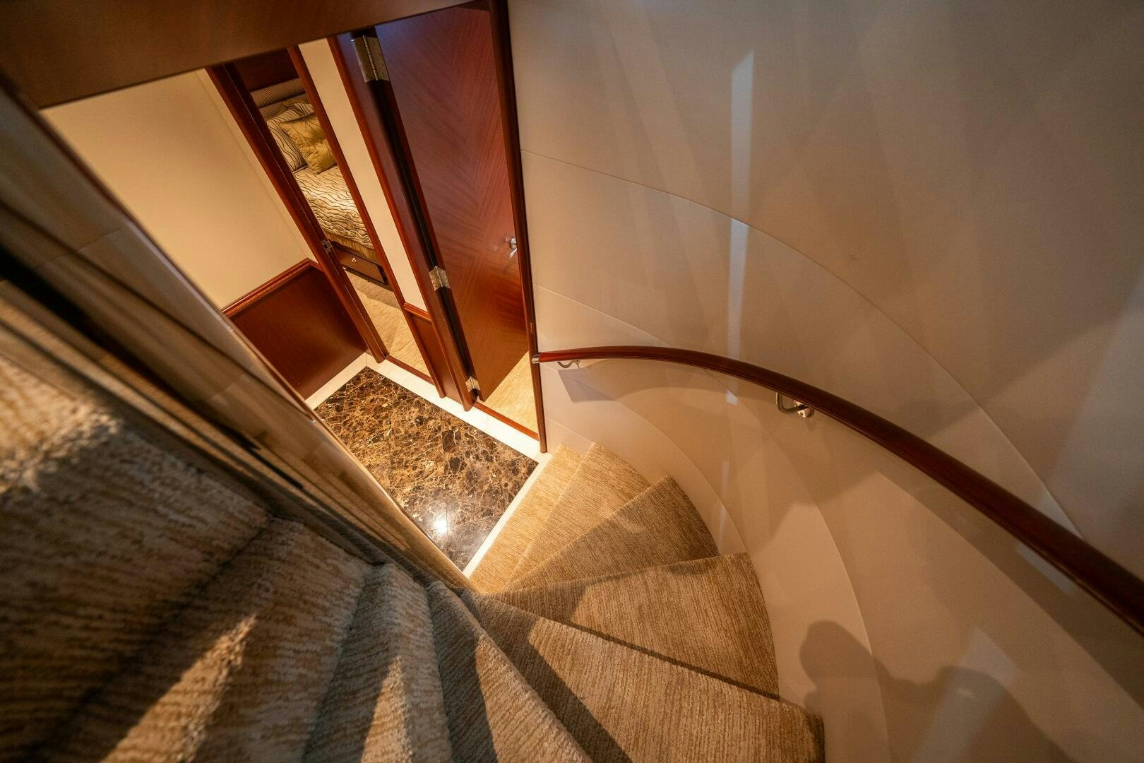 a hallway with a carpet aboard E Yacht for Sale