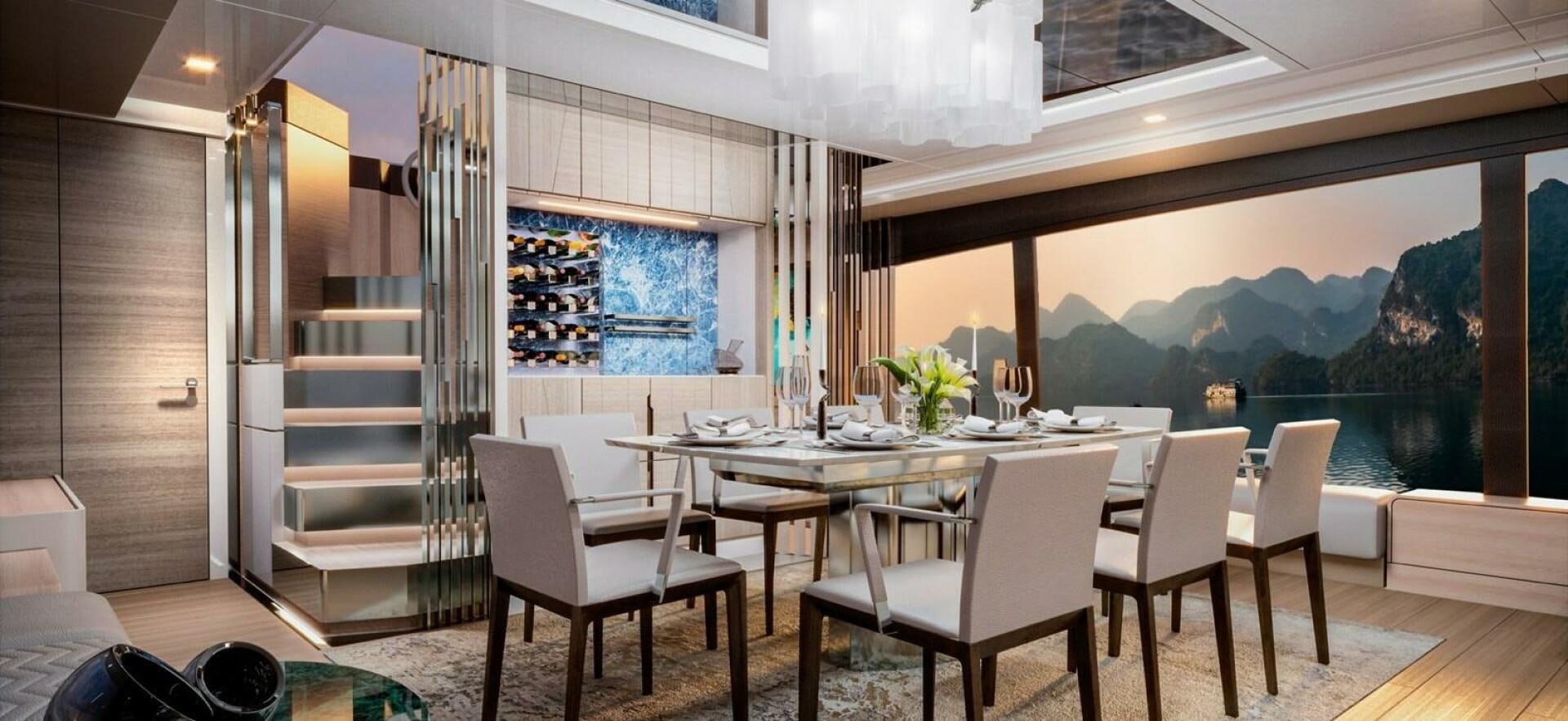 a room with a table and chairs aboard ONE OWNER Yacht for Sale