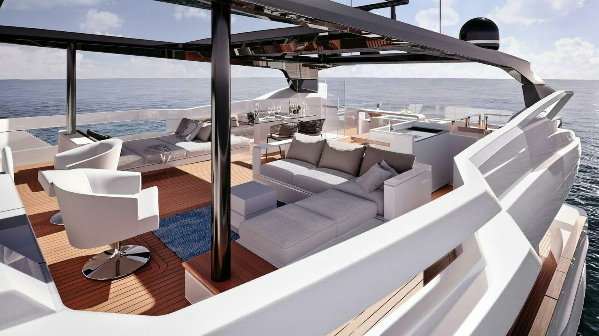 a boat with a couch and a chair on the deck aboard ONE OWNER Yacht for Sale