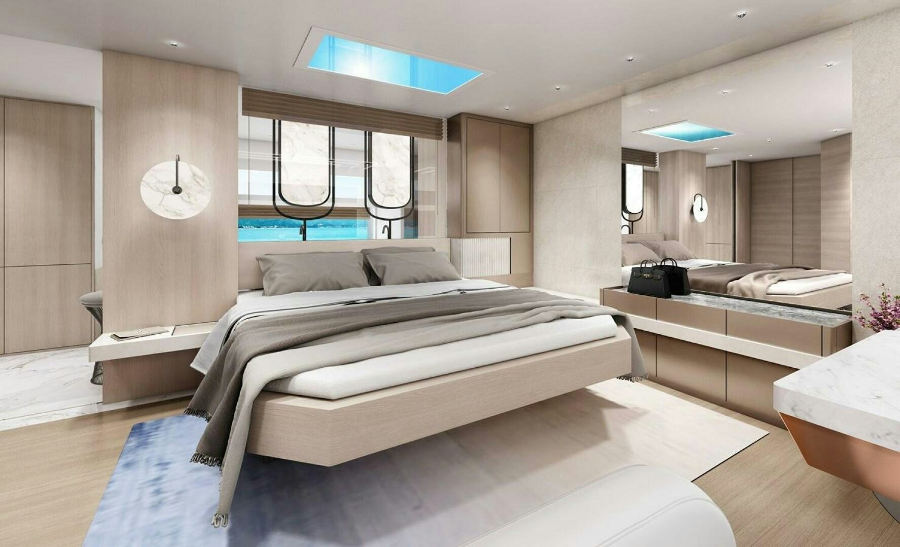 a room with a bed and a window aboard ONE OWNER Yacht for Sale
