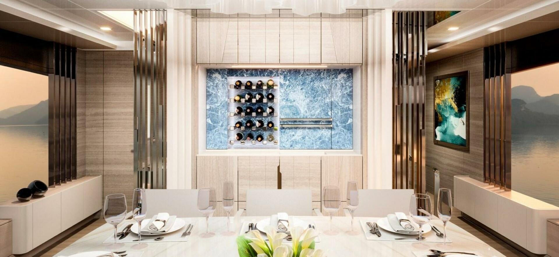 a room with a table and chairs aboard ONE OWNER Yacht for Sale