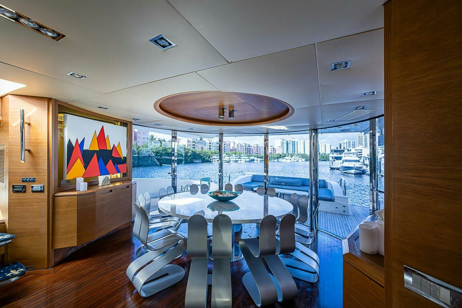 a dining table on a boat aboard INTERVENTION Yacht for Sale