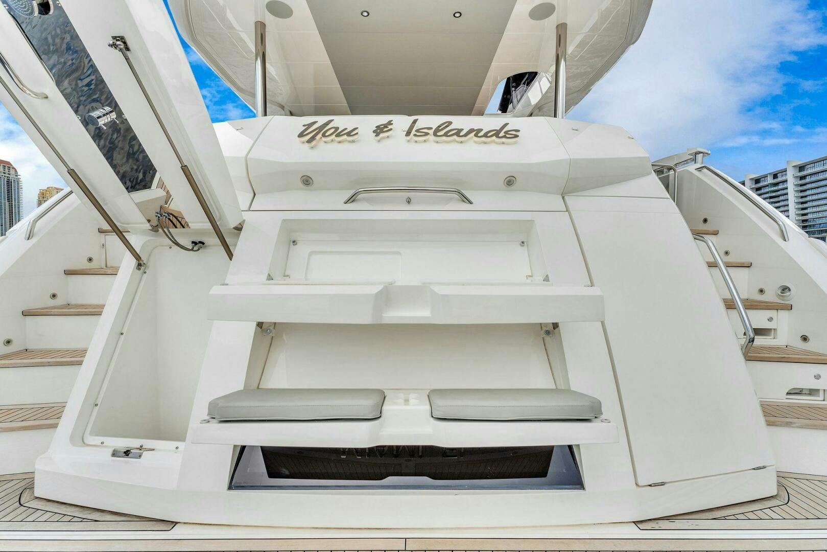 a white boat with a black frame aboard YOU AND ISLANDS Yacht for Sale