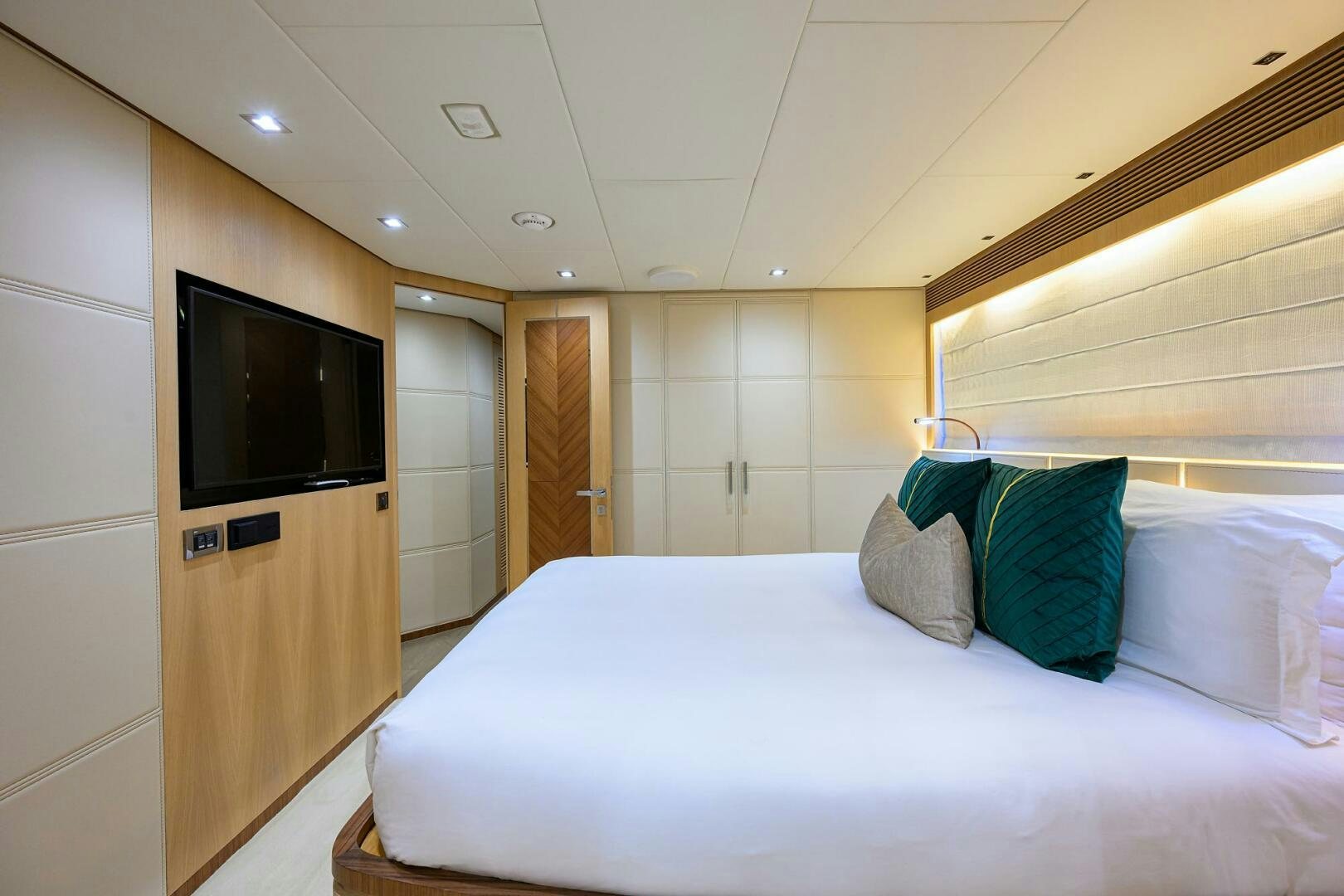 a bed in a room aboard AQUA LIFE Yacht for Sale