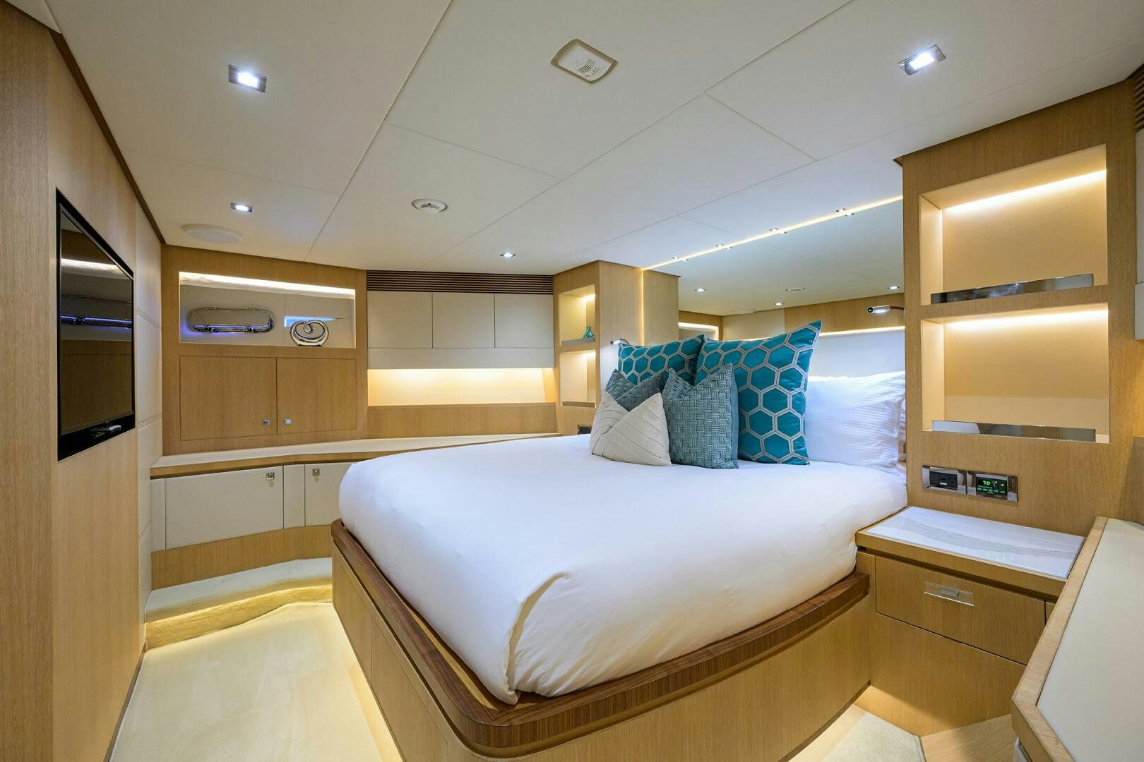 a bed in a room aboard AQUA LIFE Yacht for Sale