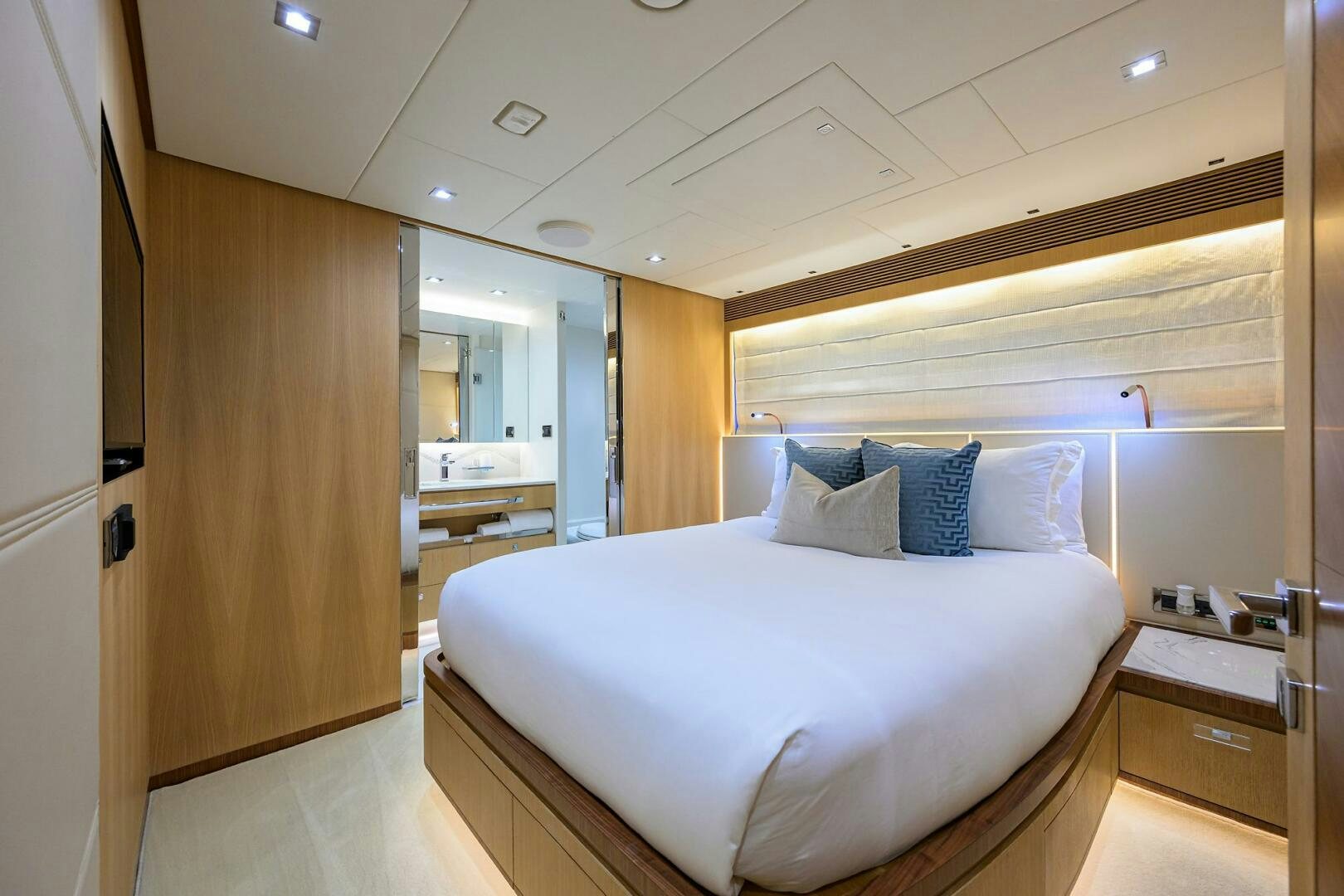 a bed in a room aboard AQUA LIFE Yacht for Sale