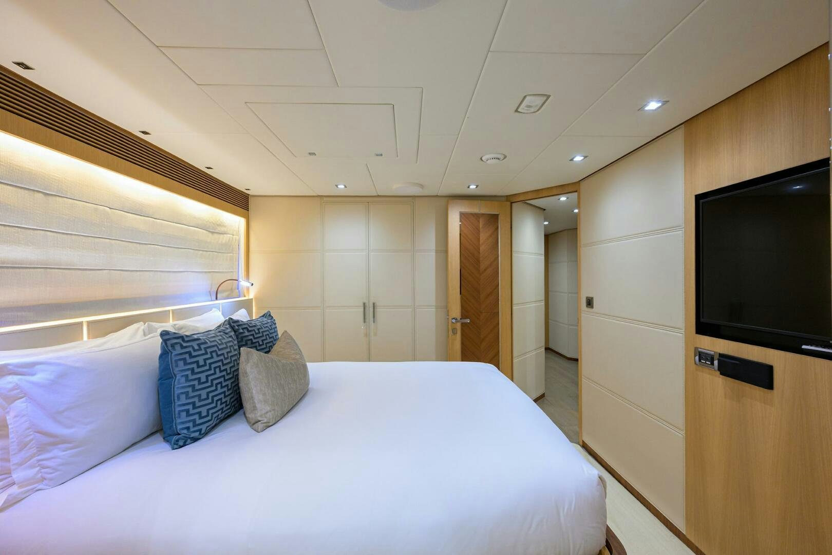 a bed in a room aboard AQUA LIFE Yacht for Sale