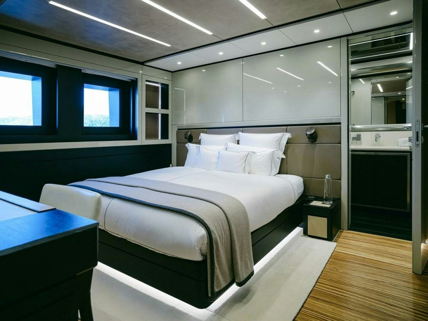 a bed in a room aboard BARTALI Yacht for Sale