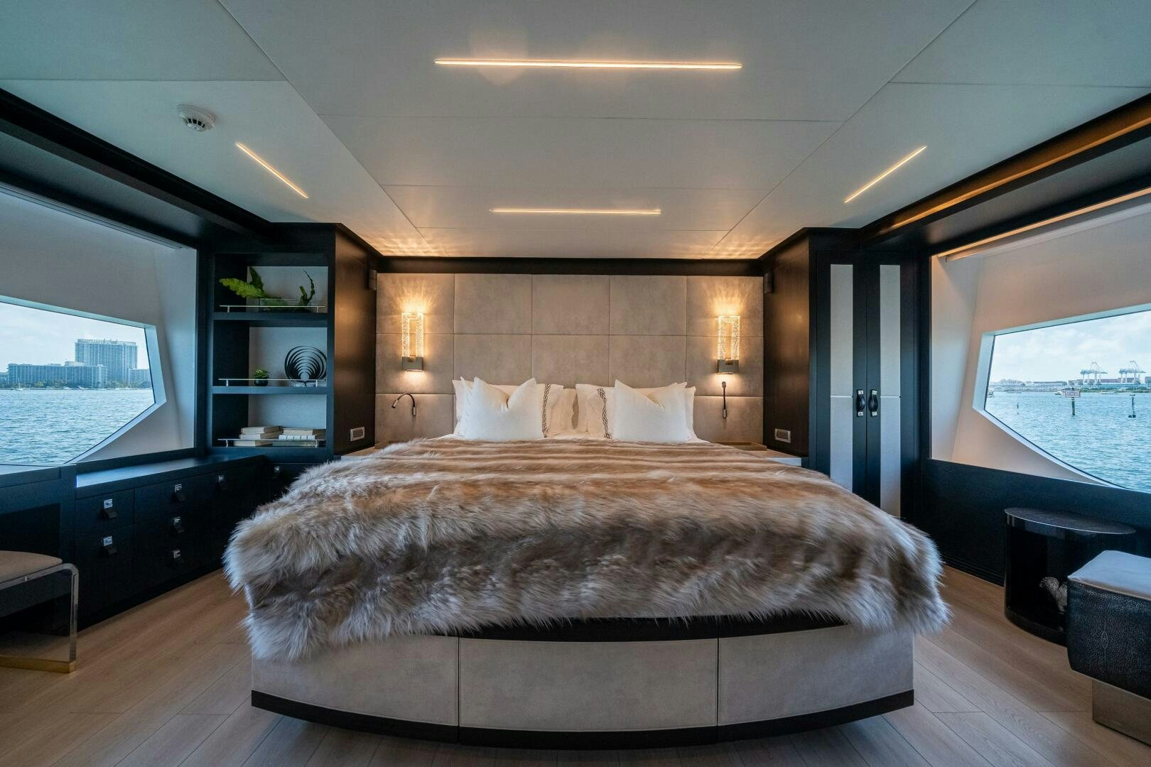 a large bed in a room aboard DAY ONE Yacht for Sale