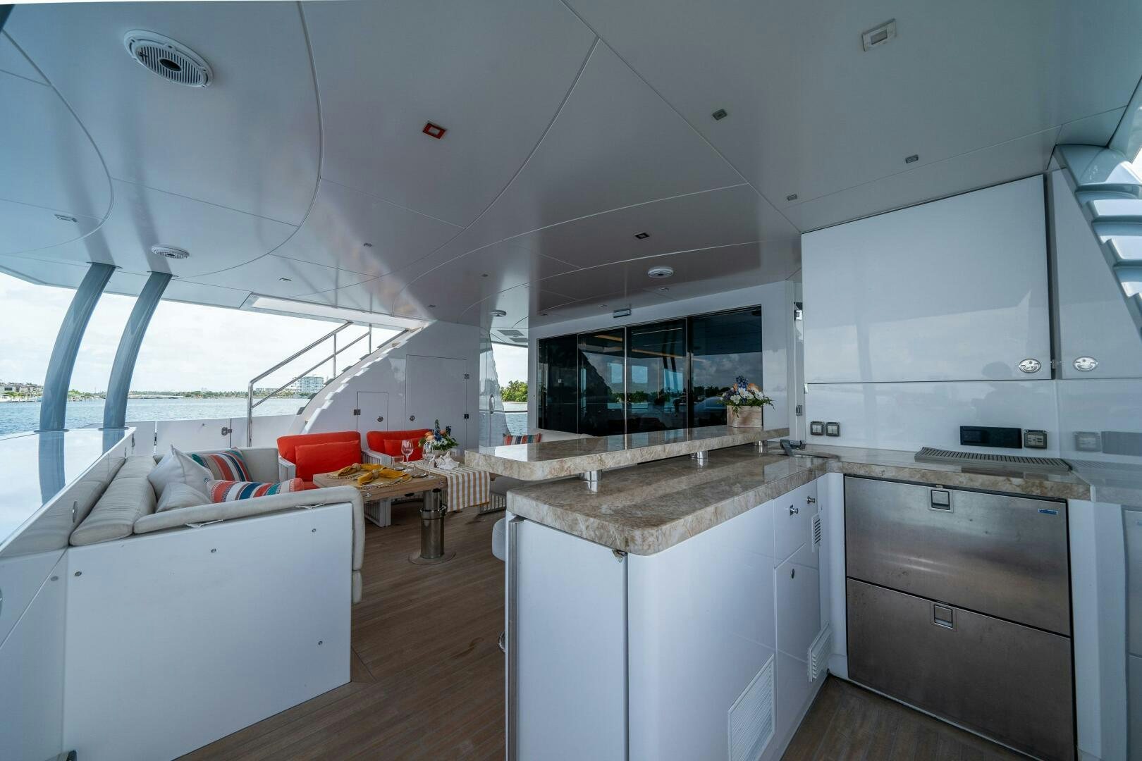 a kitchen with a large island aboard DAY ONE Yacht for Sale
