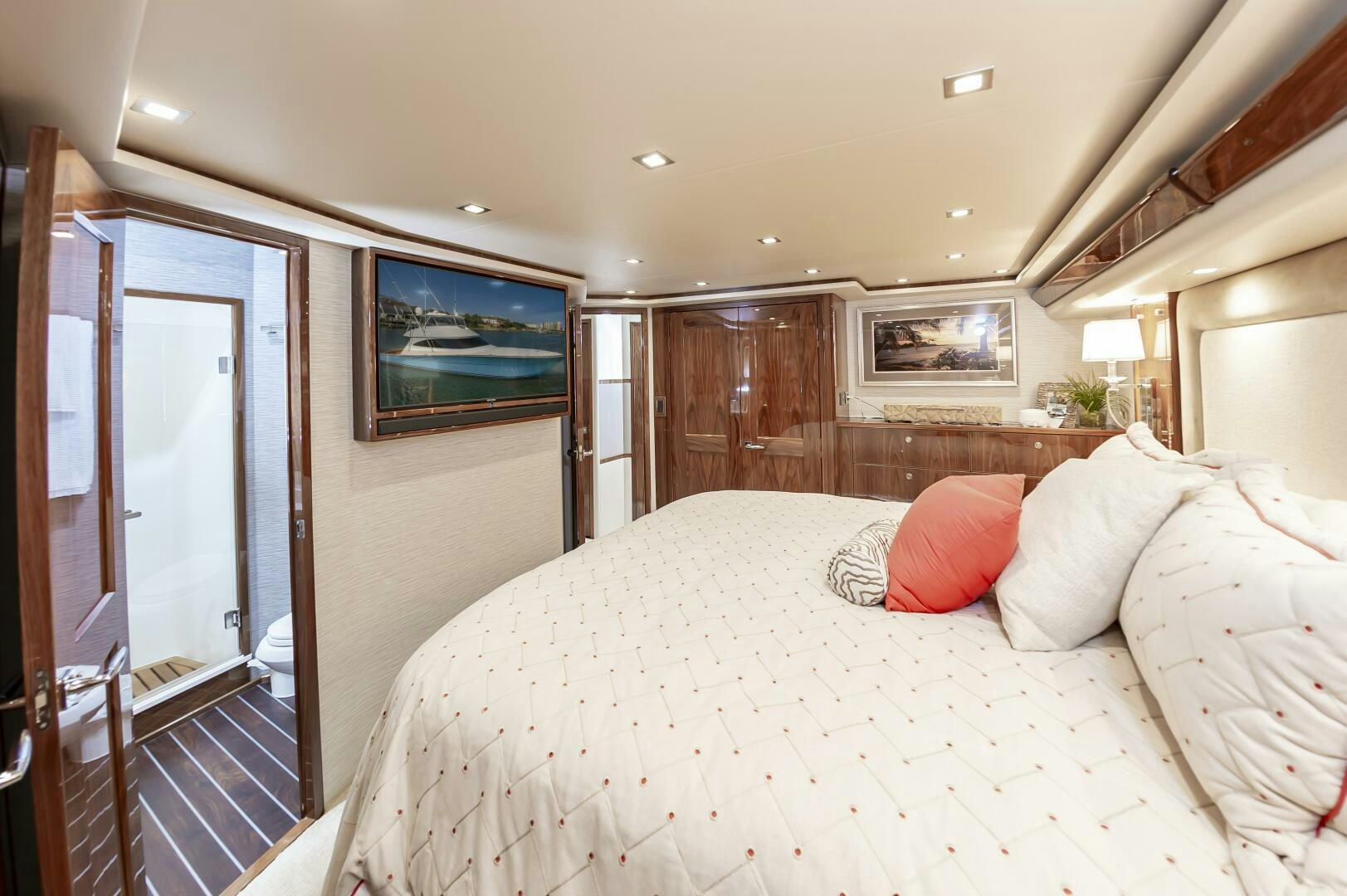 a large bed in a hotel room aboard MERCENARIA Yacht for Sale