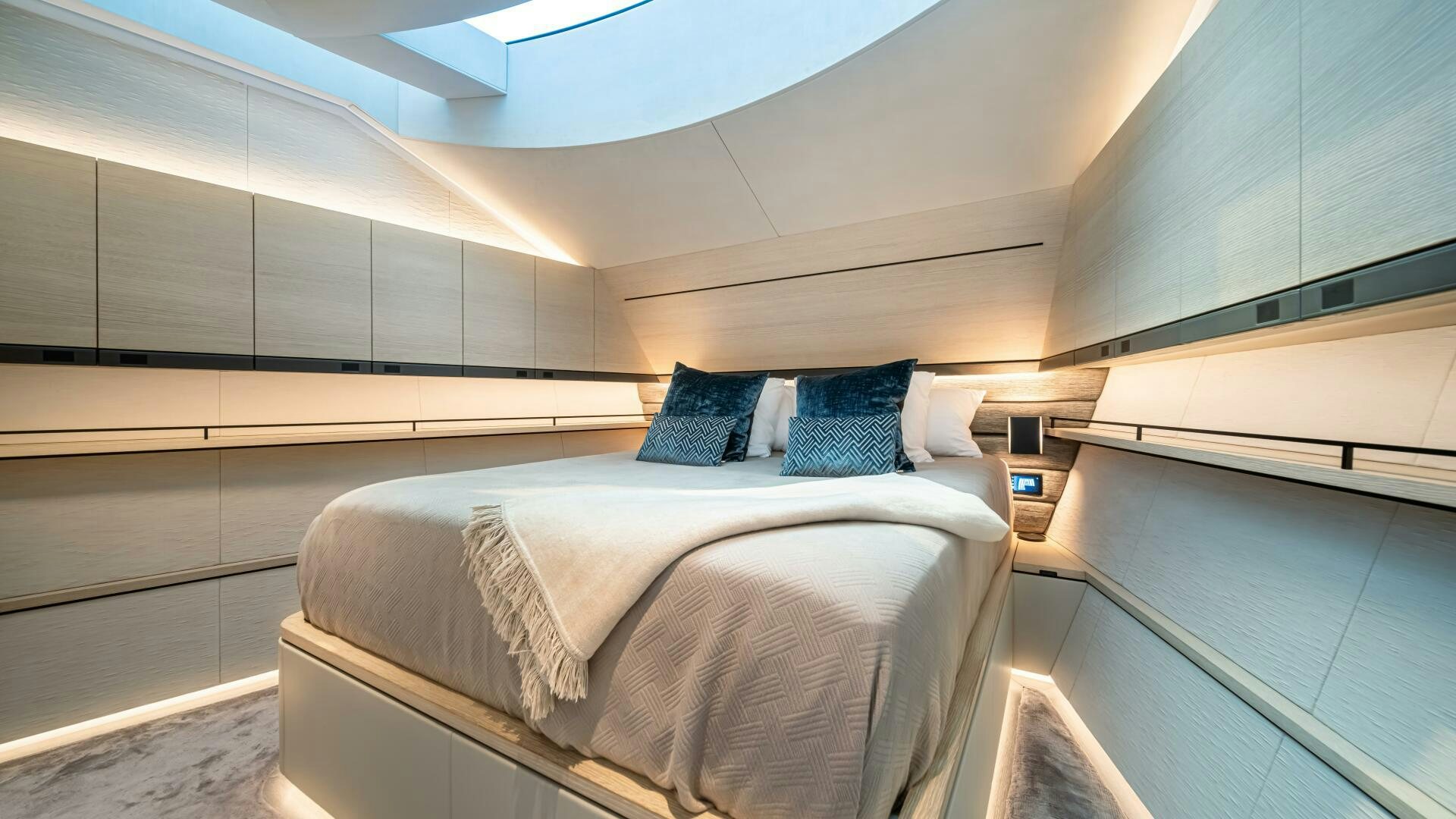 a bed in a room aboard FELLOWSHIP II Yacht for Sale