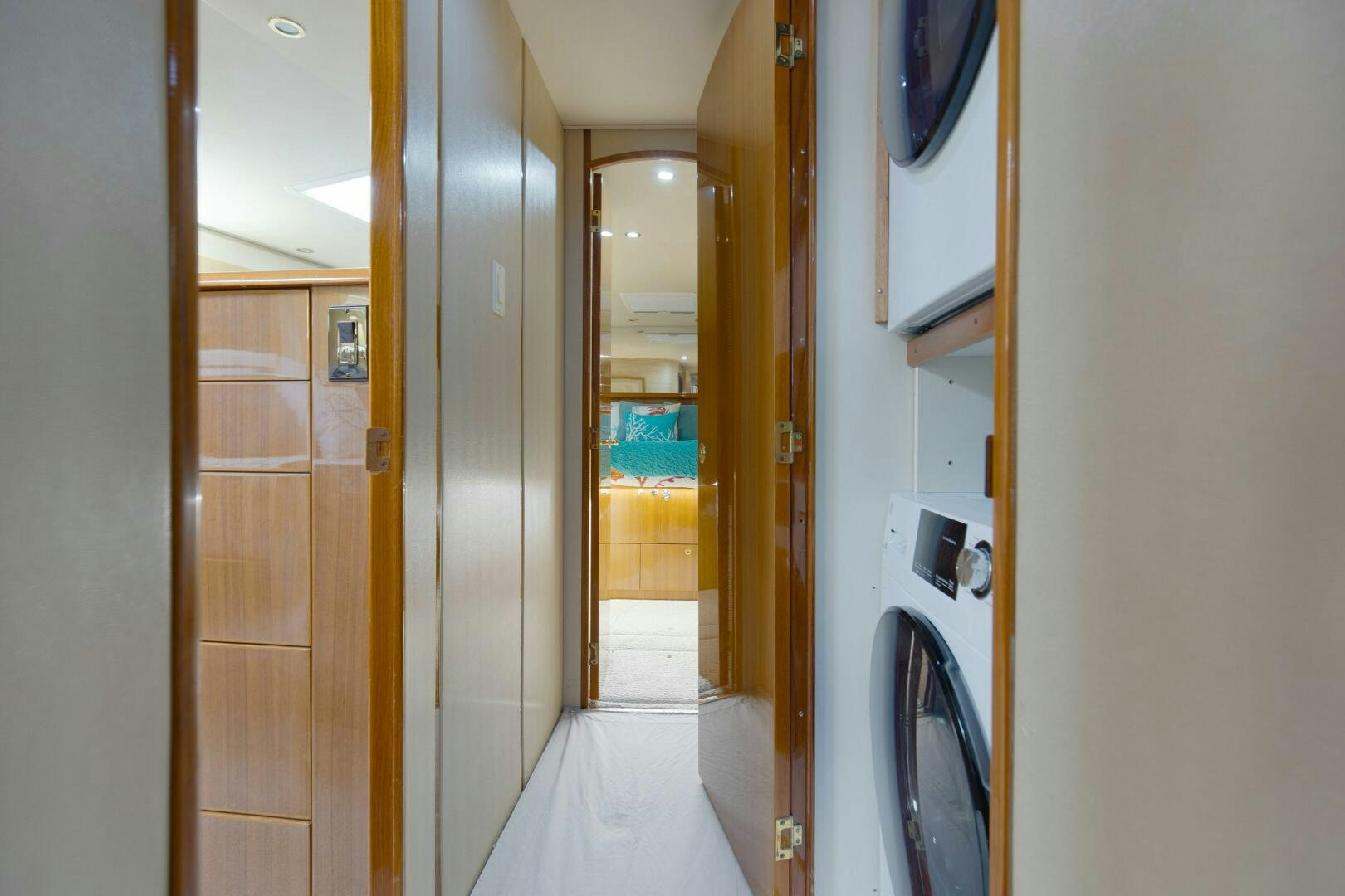 a hallway with doors aboard JESSI SUE Yacht for Sale
