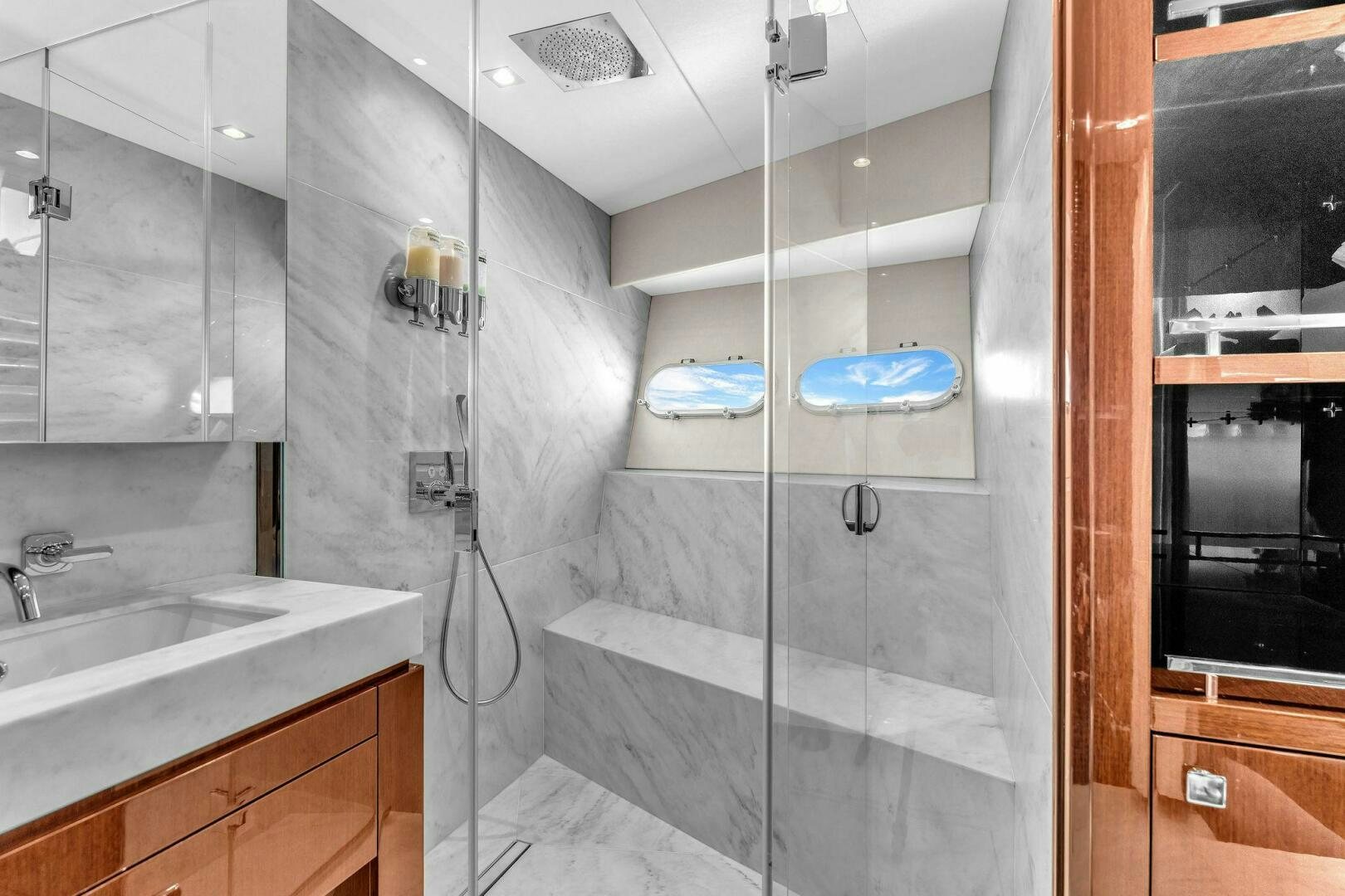 a shower unit in a bathroom aboard KARILLIAN & COMPANY Yacht for Sale
