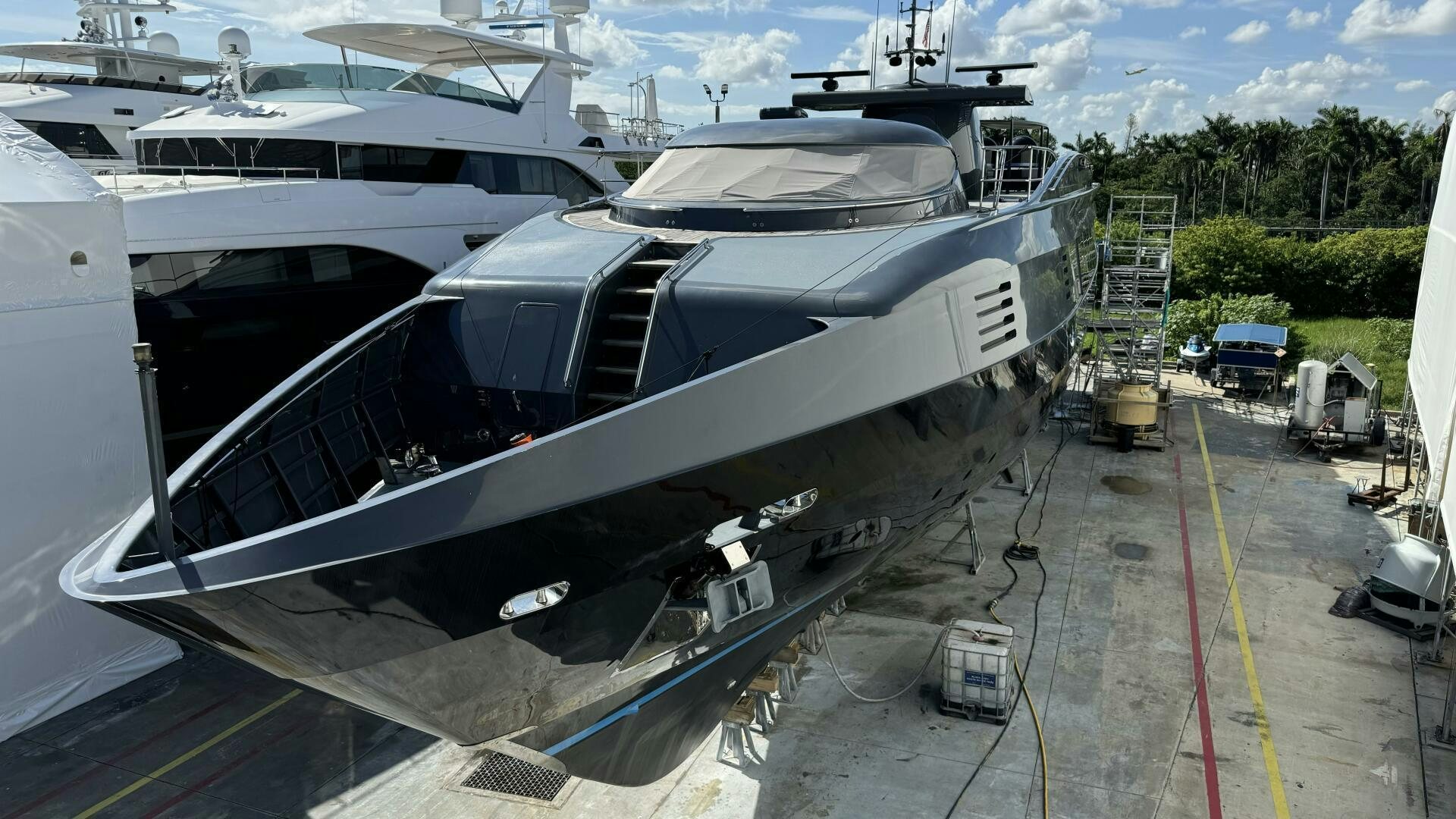 a large boat on a trailer aboard MATRIX Yacht for Sale
