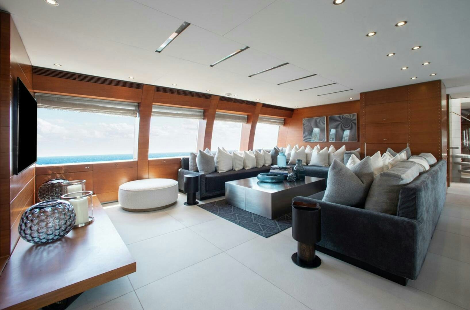 a living room with a large window aboard MATRIX Yacht for Sale