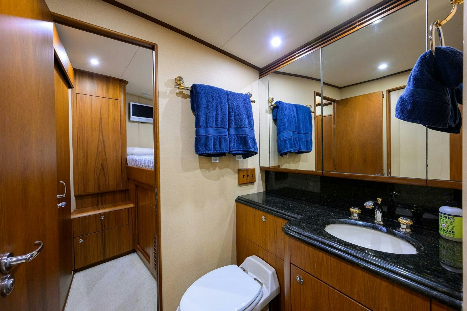a bathroom with a sink and a toilet aboard BUSINESS STINKS Yacht for Sale