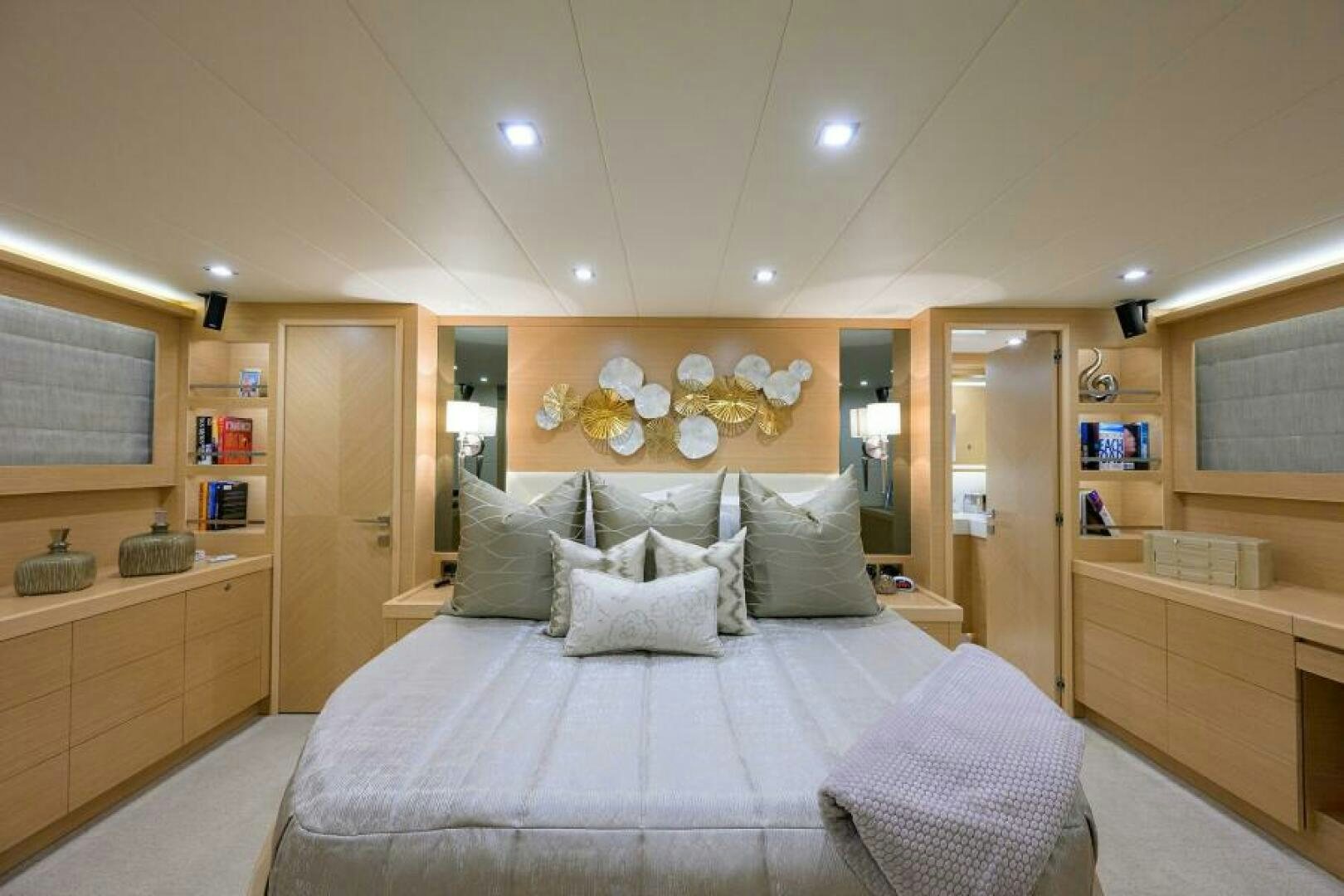 a large bed in a room aboard JOURNEY Yacht for Sale
