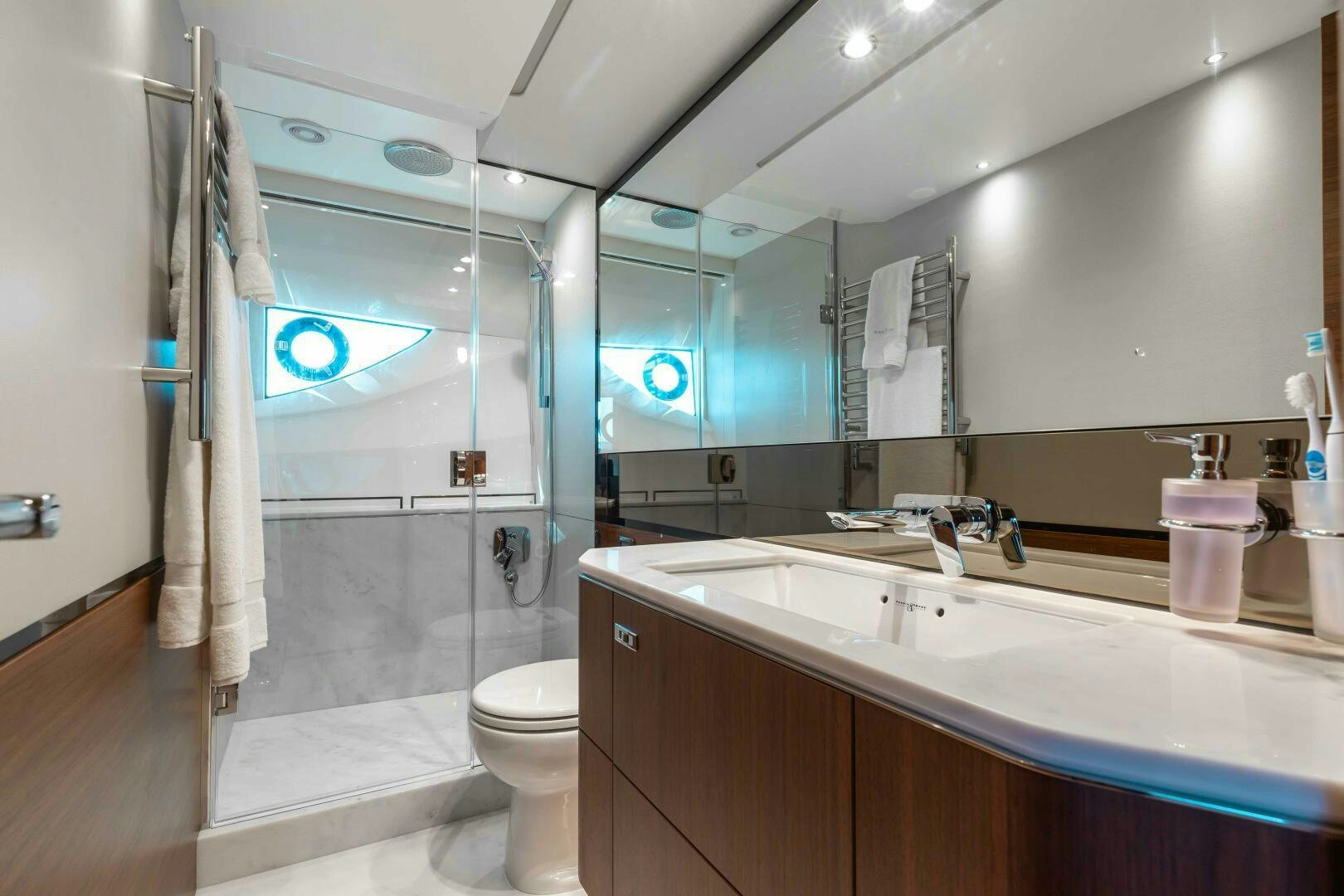 a bathroom with a glass shower aboard BEST OF YOU Yacht for Sale