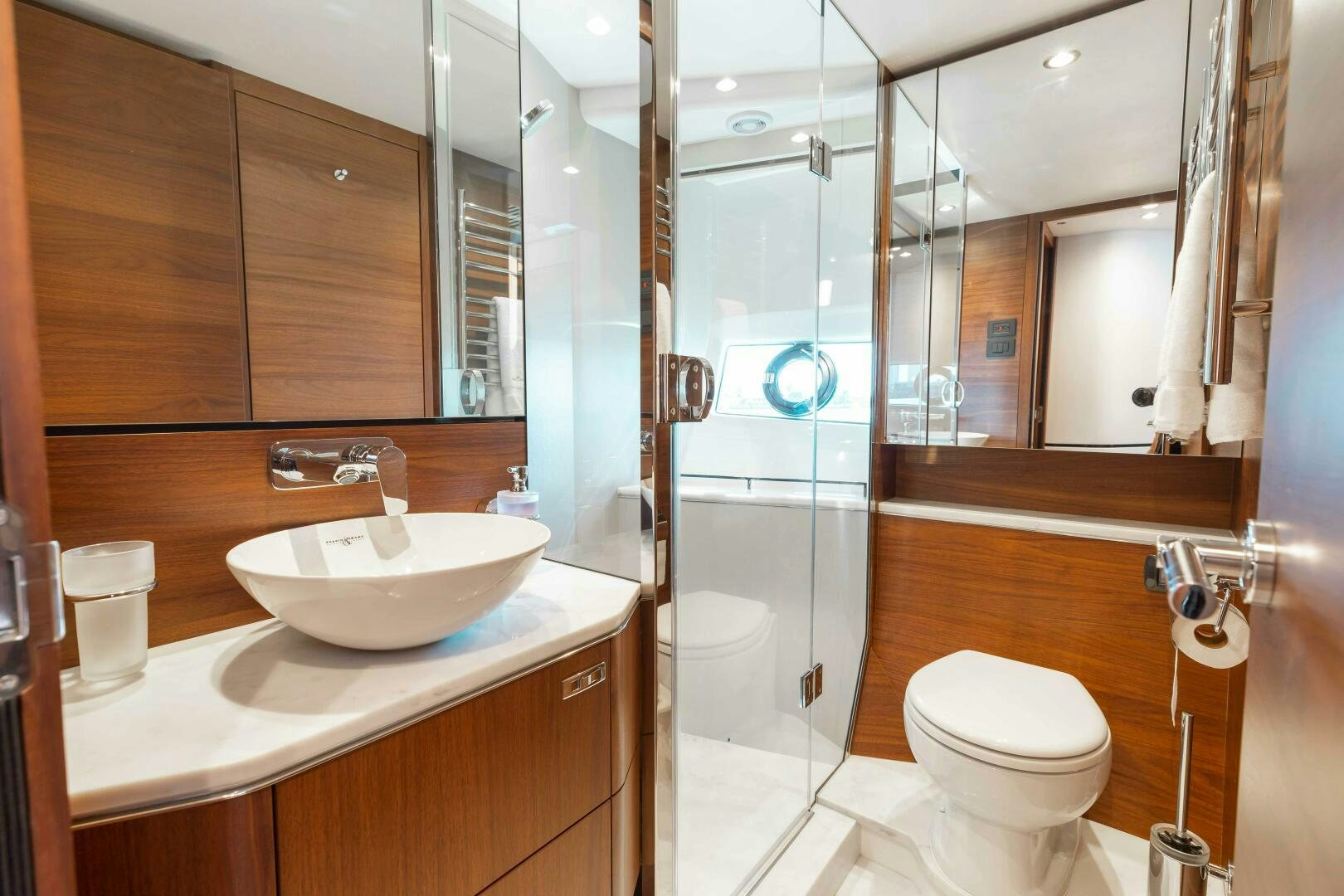 a bathroom with a glass shower aboard BEST OF YOU Yacht for Sale