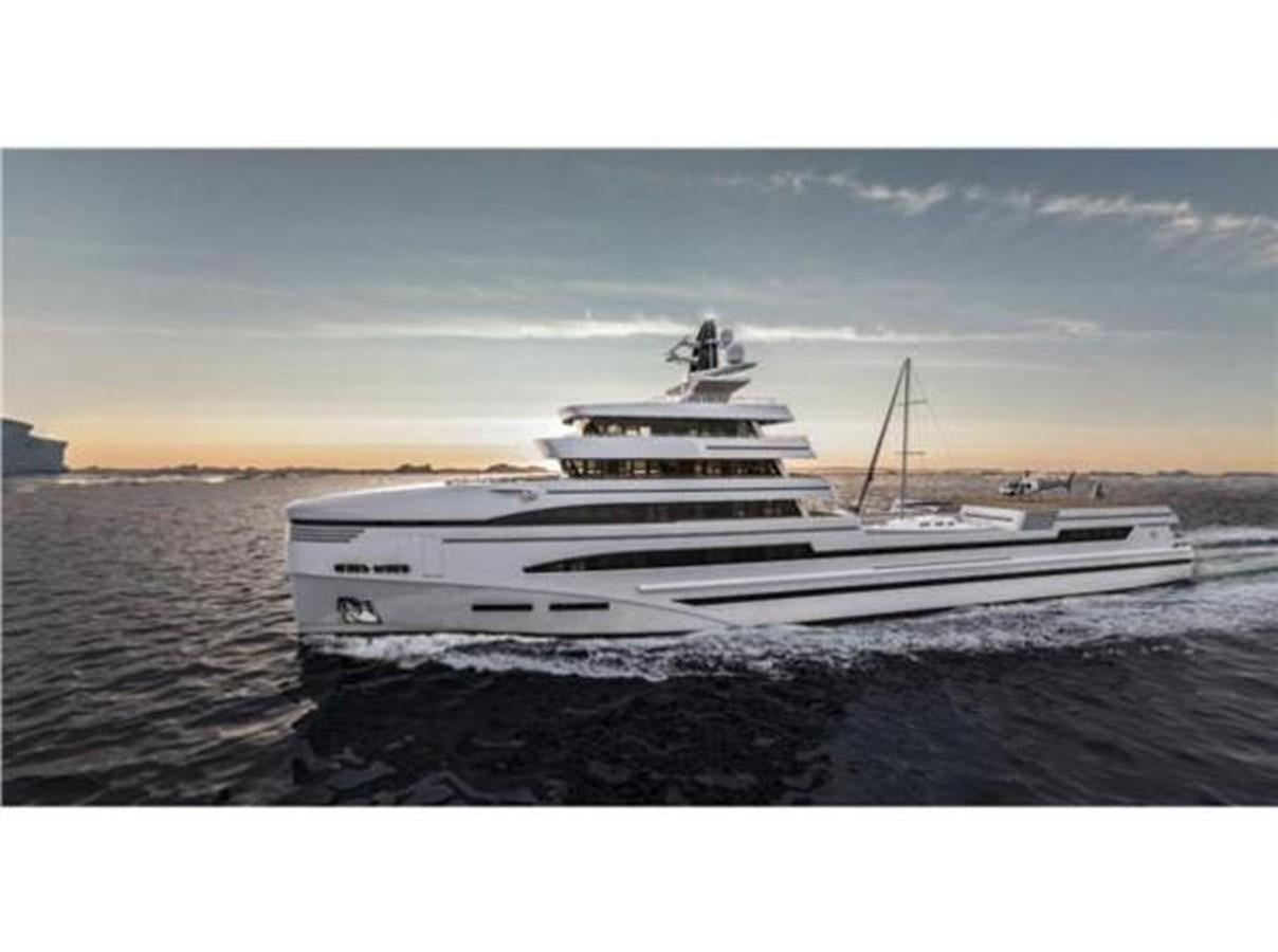 a large white boat on a beach aboard 85M SPADOLINI HELIPAD EXPEDITION YACHT Yacht for Sale