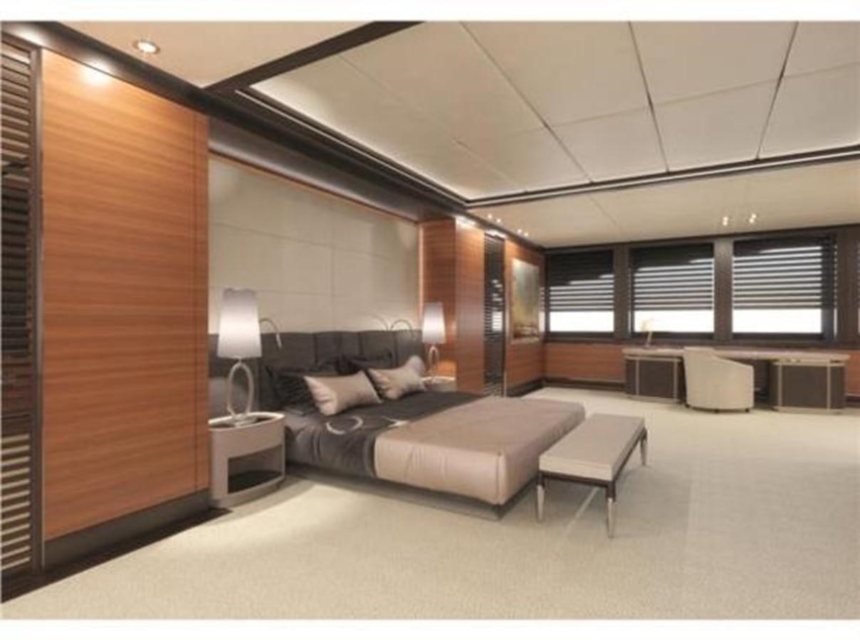 a large room with a bed and a desk aboard 85M SPADOLINI HELIPAD EXPEDITION YACHT Yacht for Sale