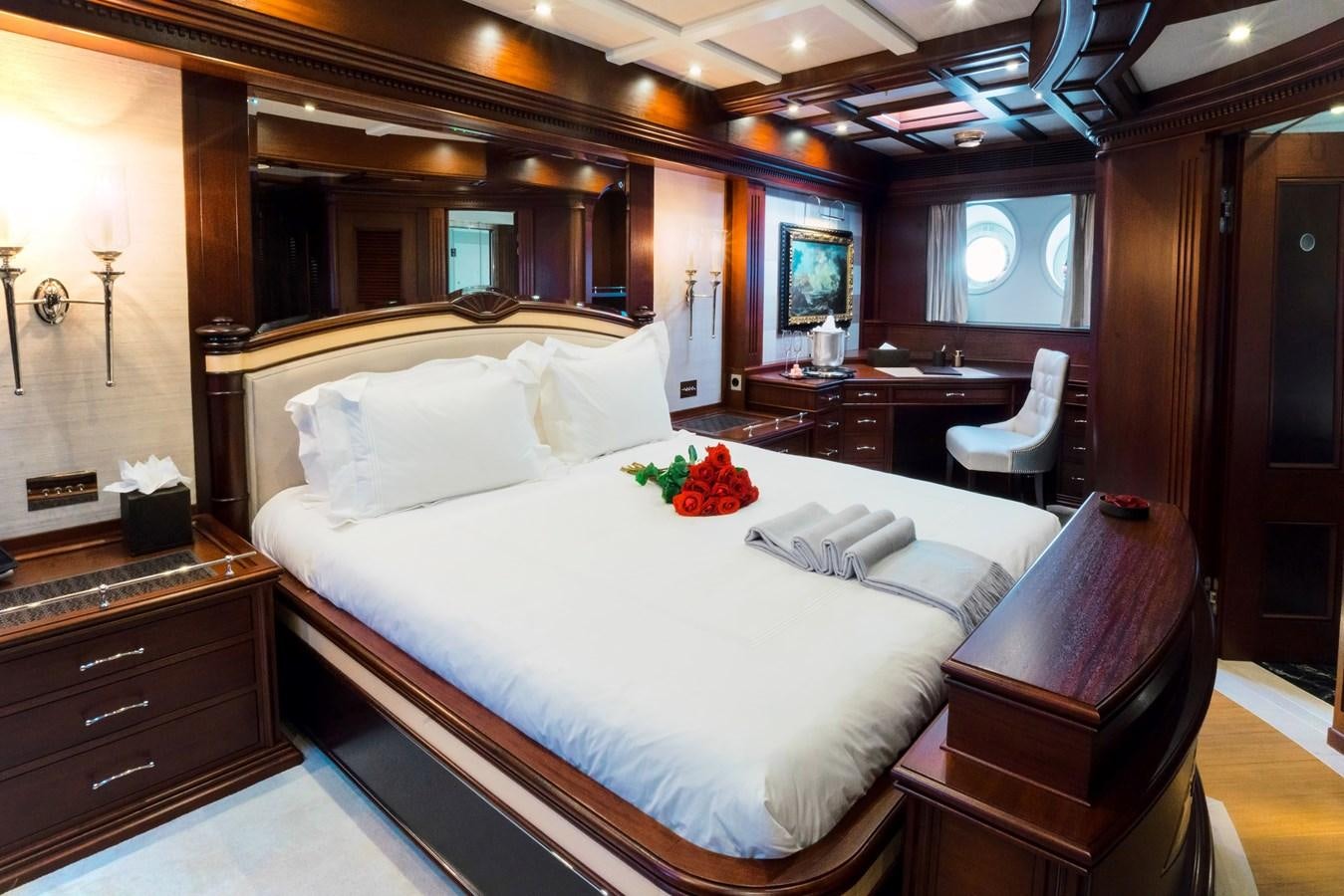 a bed in a room aboard MIKHAIL S. VORONTSOV Yacht for Sale