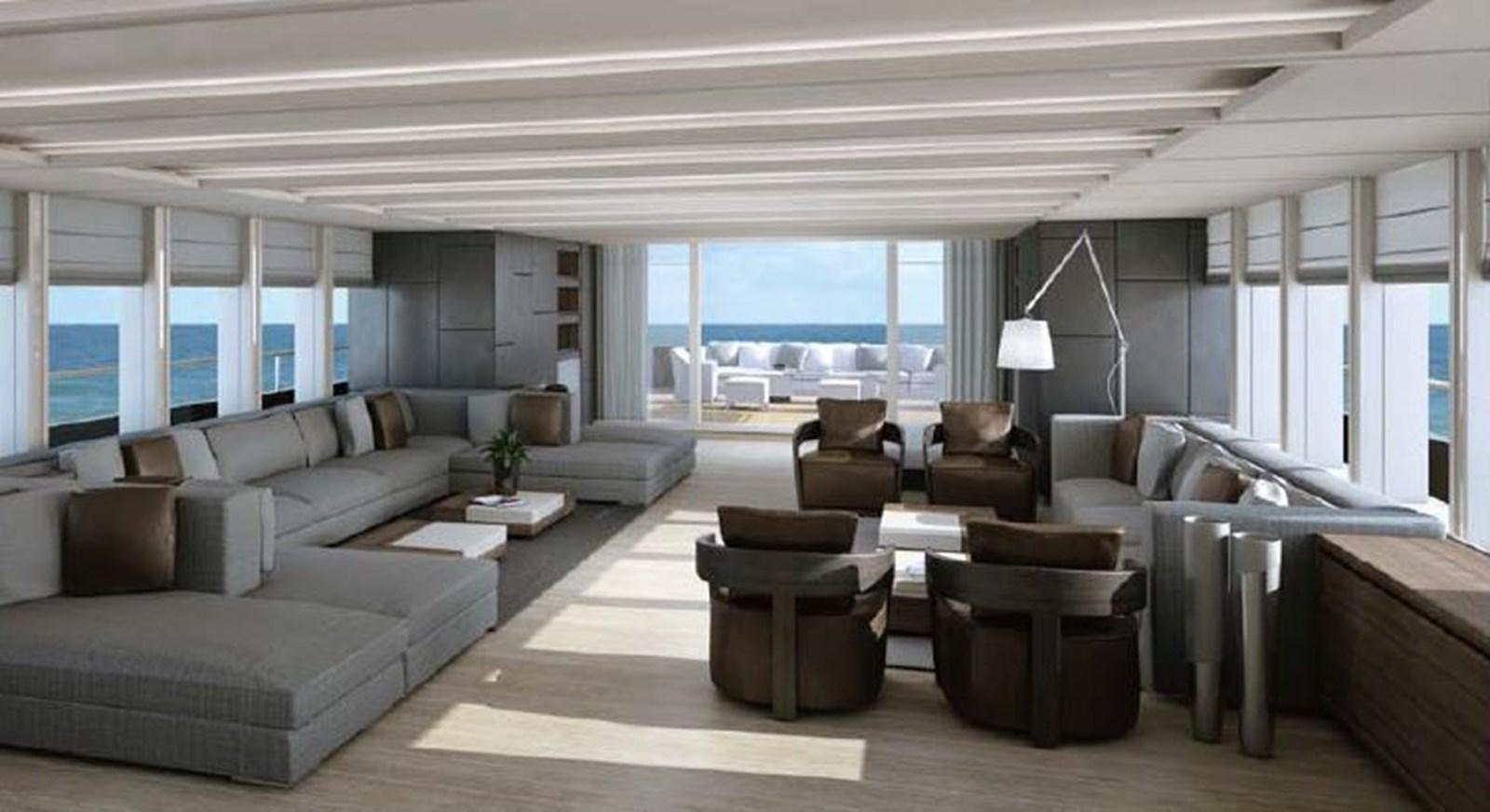 a living room with a large window aboard NEW BUILD Yacht for Sale