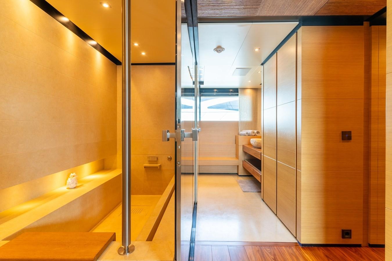 a bathroom with a large glass shower aboard UNDER CONTRACT!   SAINT  2012 ISA 500-2 POP @ Yacht for Sale