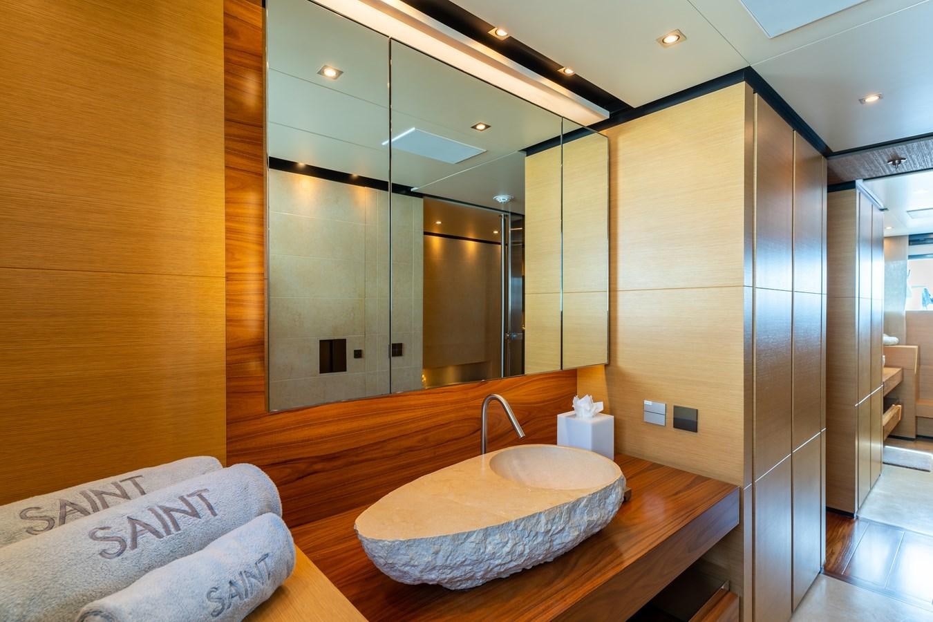a bathroom with a large mirror aboard UNDER CONTRACT!   SAINT  2012 ISA 500-2 POP @ Yacht for Sale