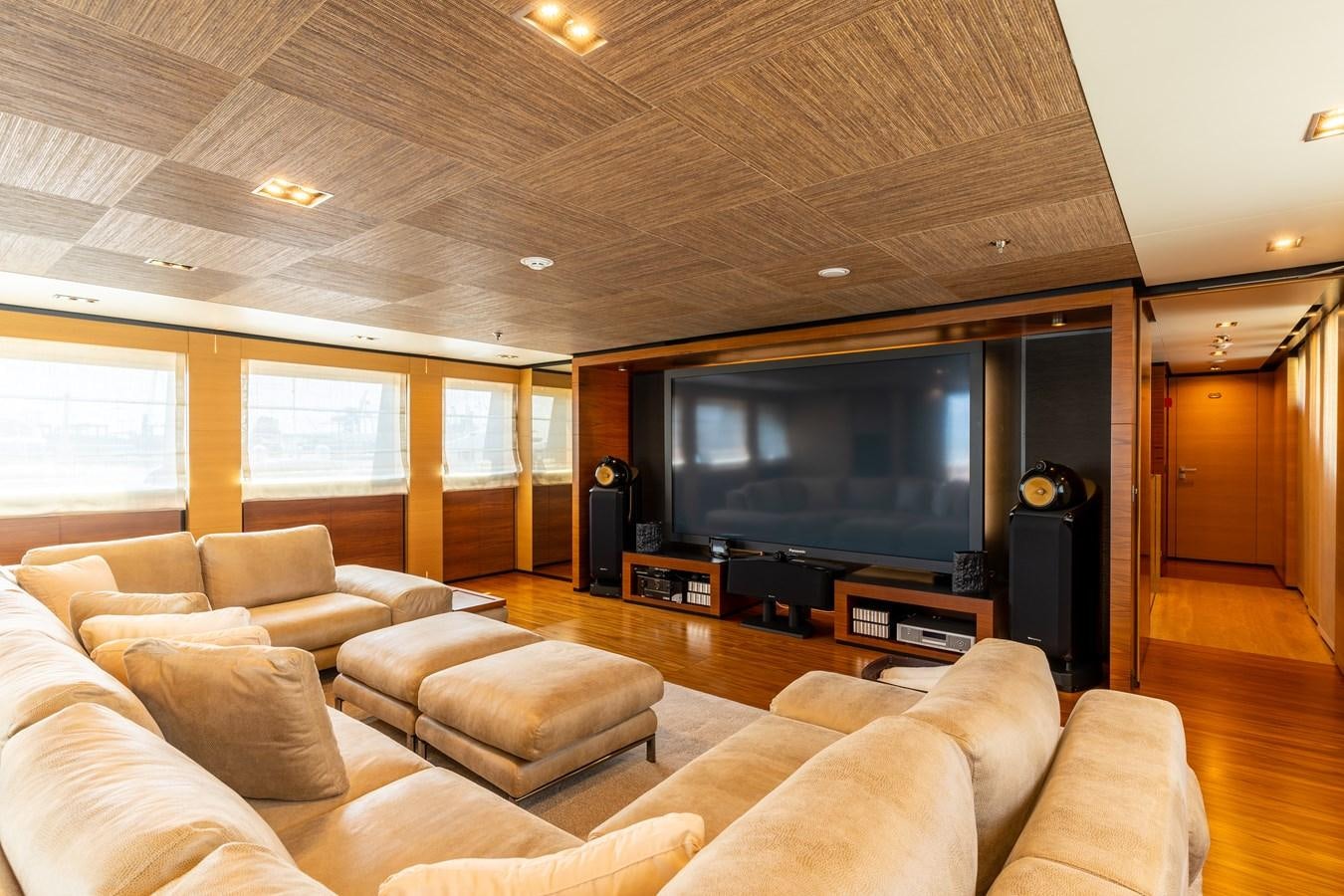 a living room with a large television aboard UNDER CONTRACT!   SAINT  2012 ISA 500-2 POP @ Yacht for Sale