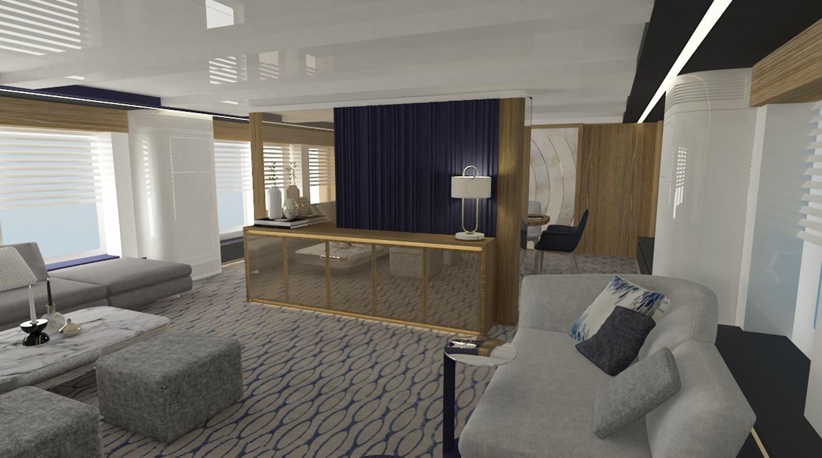 a living room with a large window aboard CMB 47 SERIES Yacht for Sale