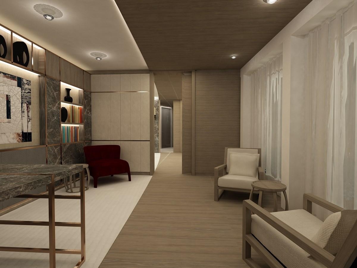 a room with a table chairs and a desk aboard CMB 47 SERIES Yacht for Sale