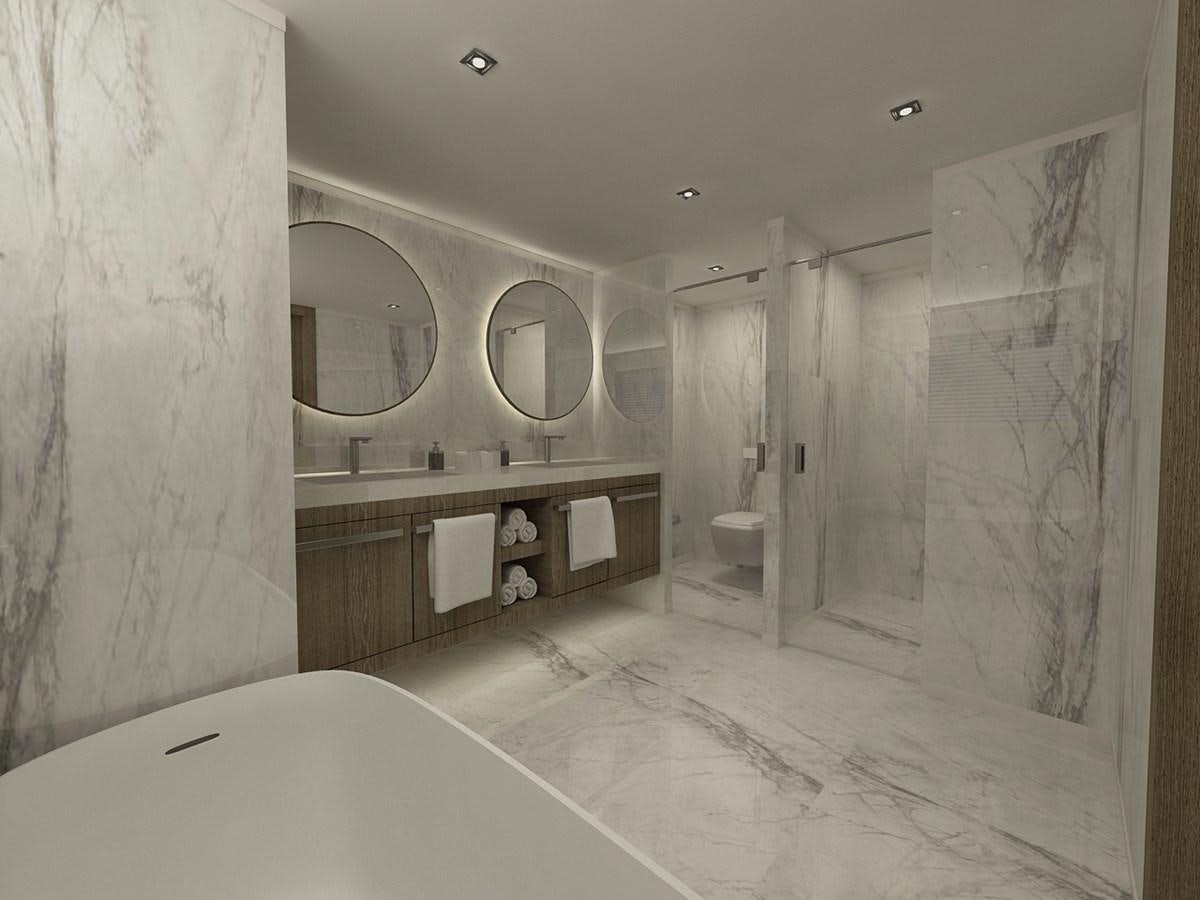 a bathroom with a large mirror aboard CMB 47 SERIES Yacht for Sale