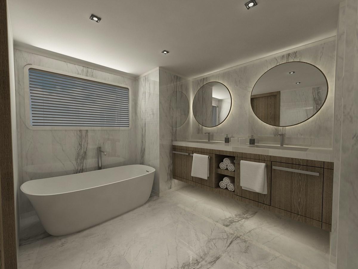 a bathroom with a large mirror aboard CMB 47 SERIES Yacht for Sale