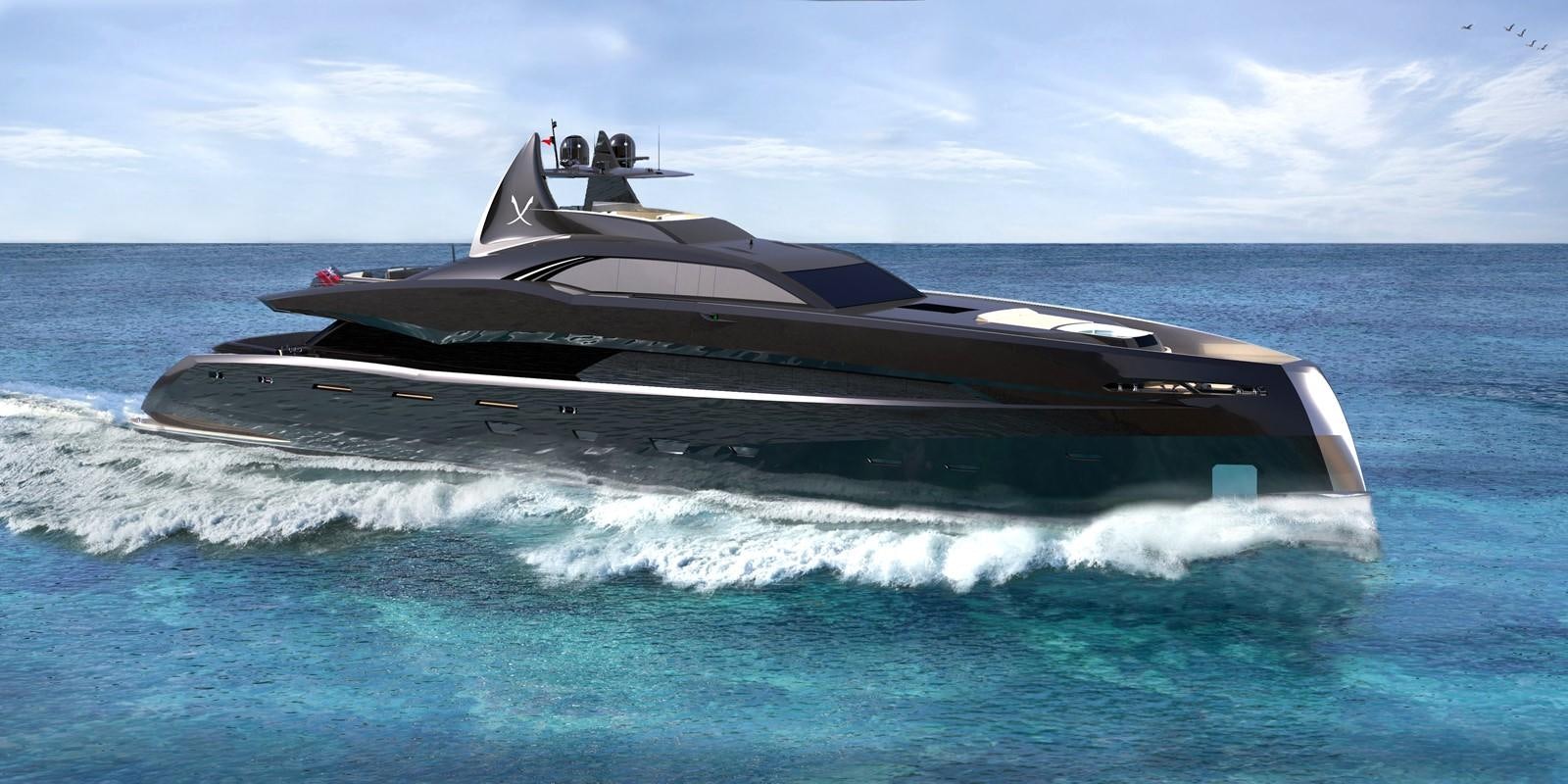 a black and white ship in the ocean aboard THE GOTHAM Yacht for Sale